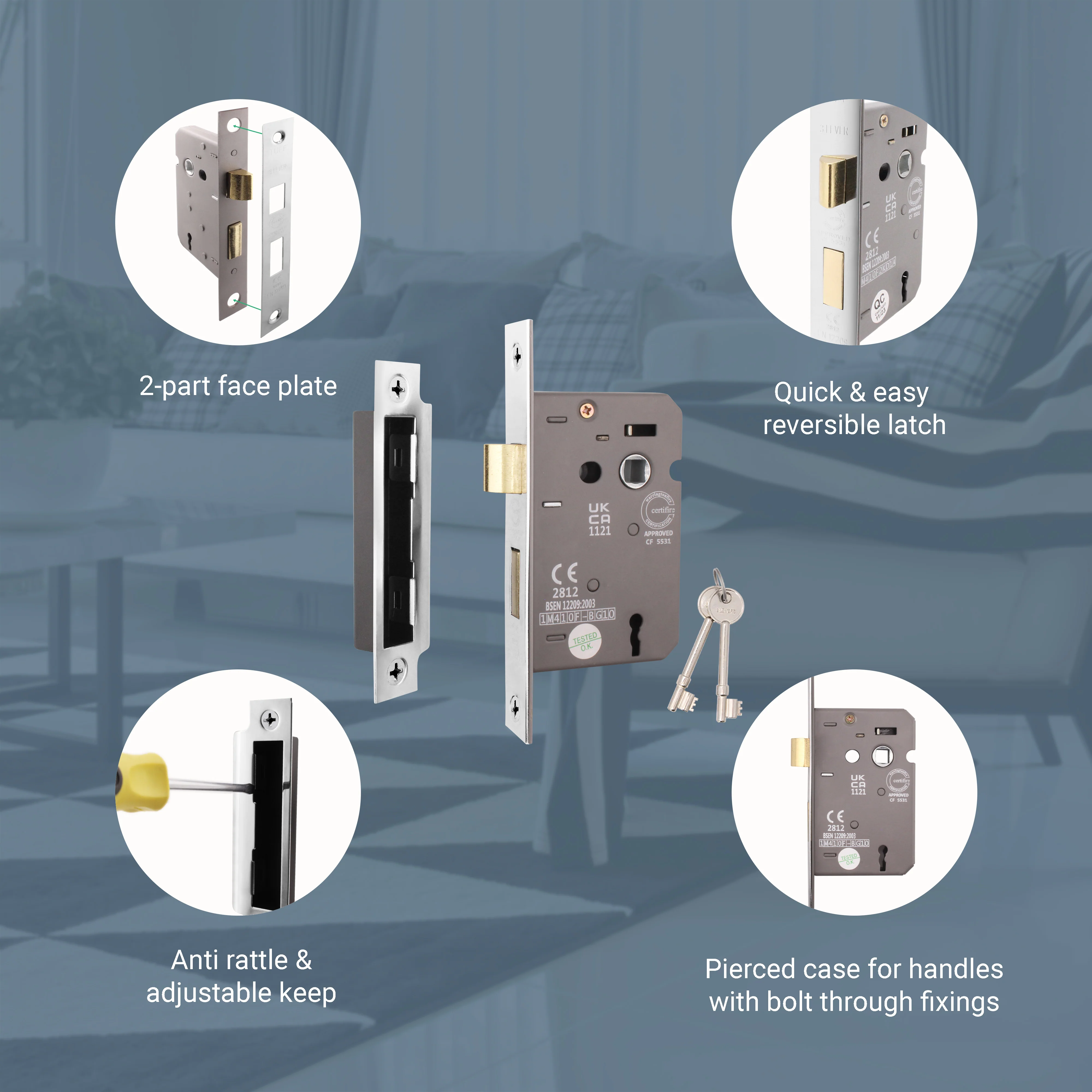 Mortice Fire Rated Sashlock - 64mm Case Size - 44mm Backset - Polished Chrome - Image 3