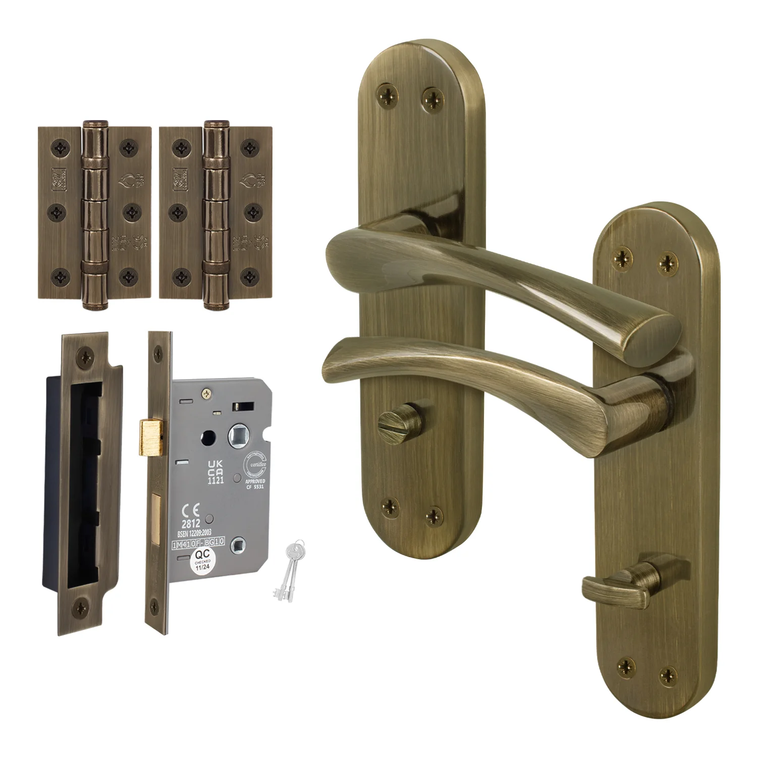 Nola Antique Brass Lever on Backplate Door Handle Pack – 64mm Bathroom Lock