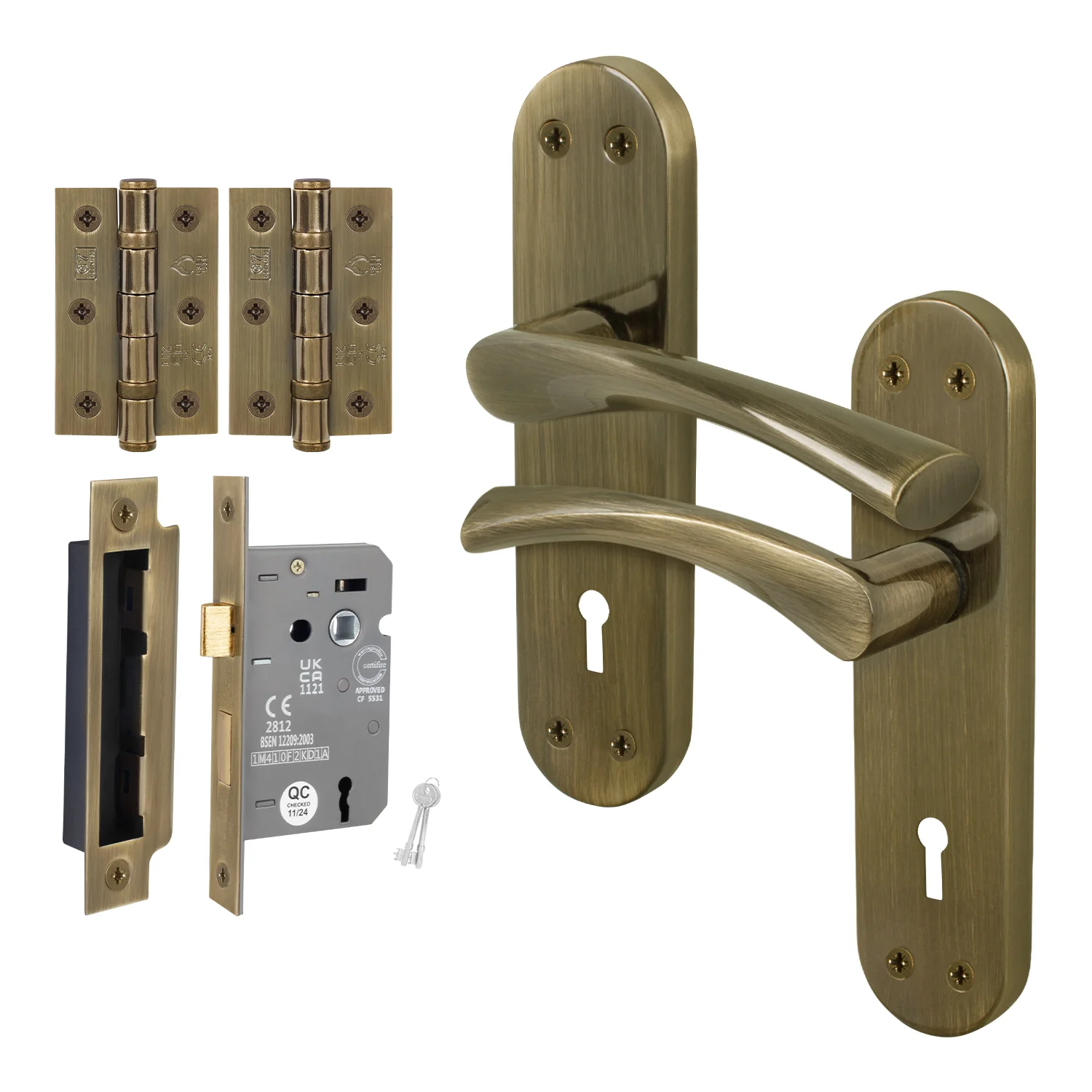 Nola Antique Brass Lever on Backplate Door Handle Pack – 80mm Sashlock