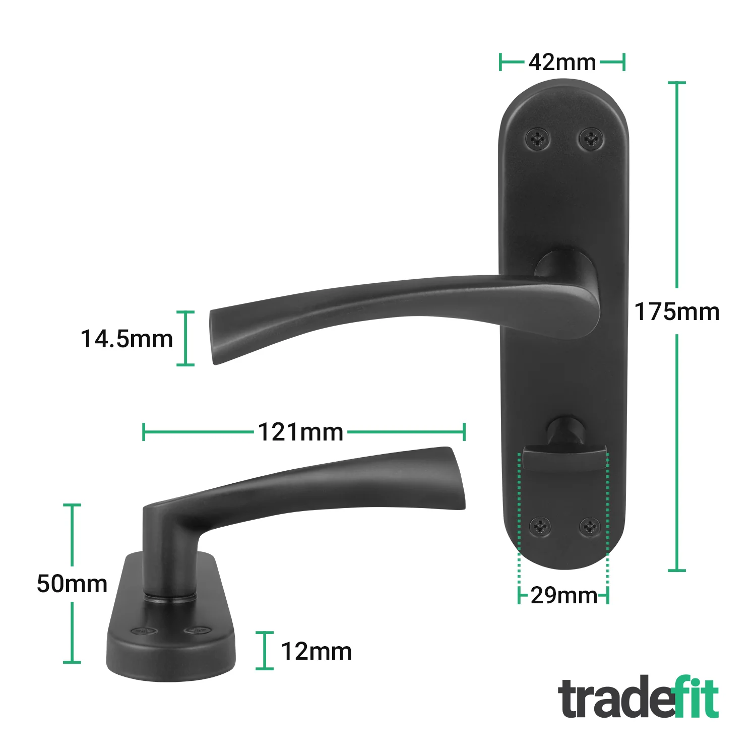 Nola Matt Black Lever on Backplate Door Handle Pack - 64mm Bathroom Lock - Image 2