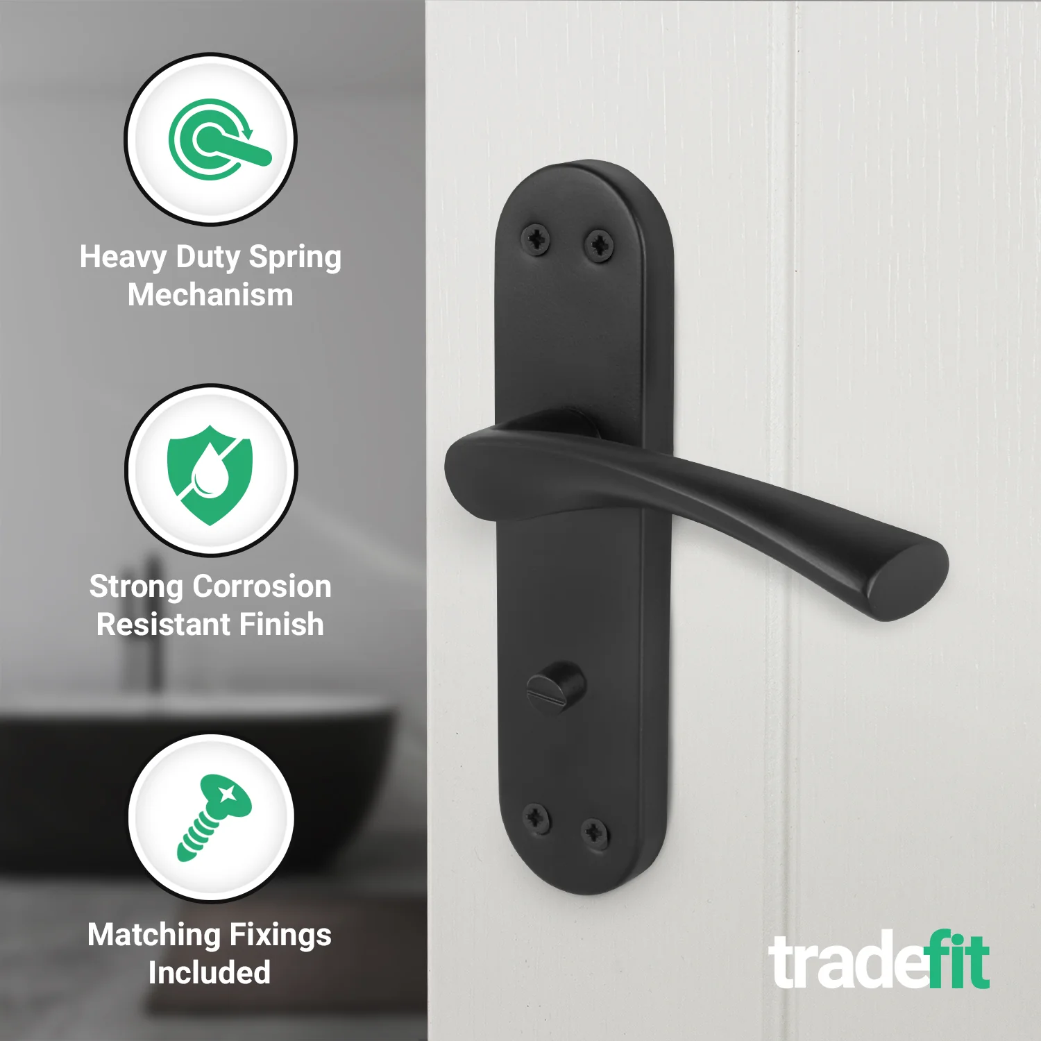 Nola Matt Black Lever on Backplate Door Handle Pack - 64mm Bathroom Lock - Image 4