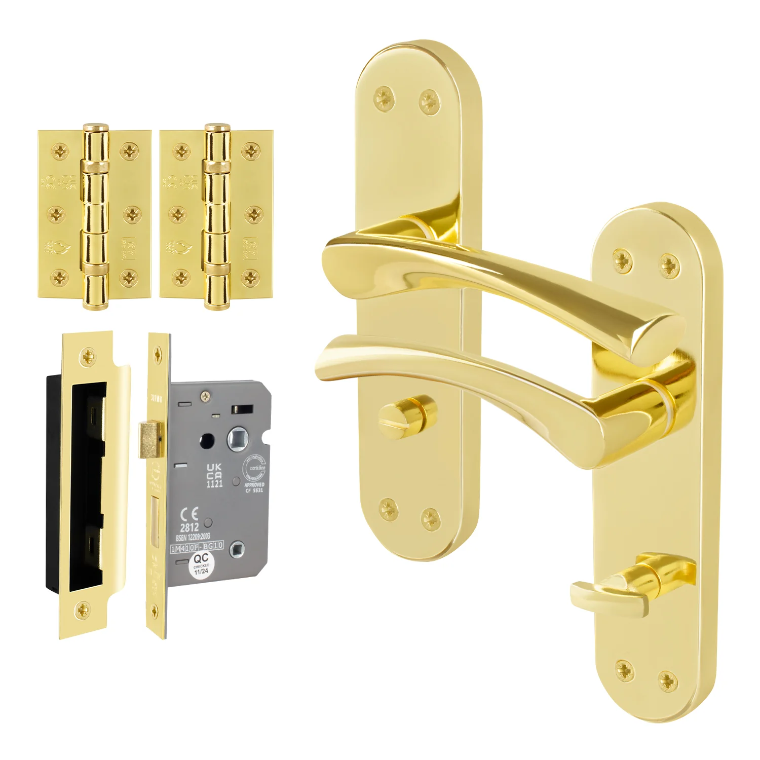 Nola Brass Plated Lever on Backplate Door Handle Pack – 64mm Bathroom Lock