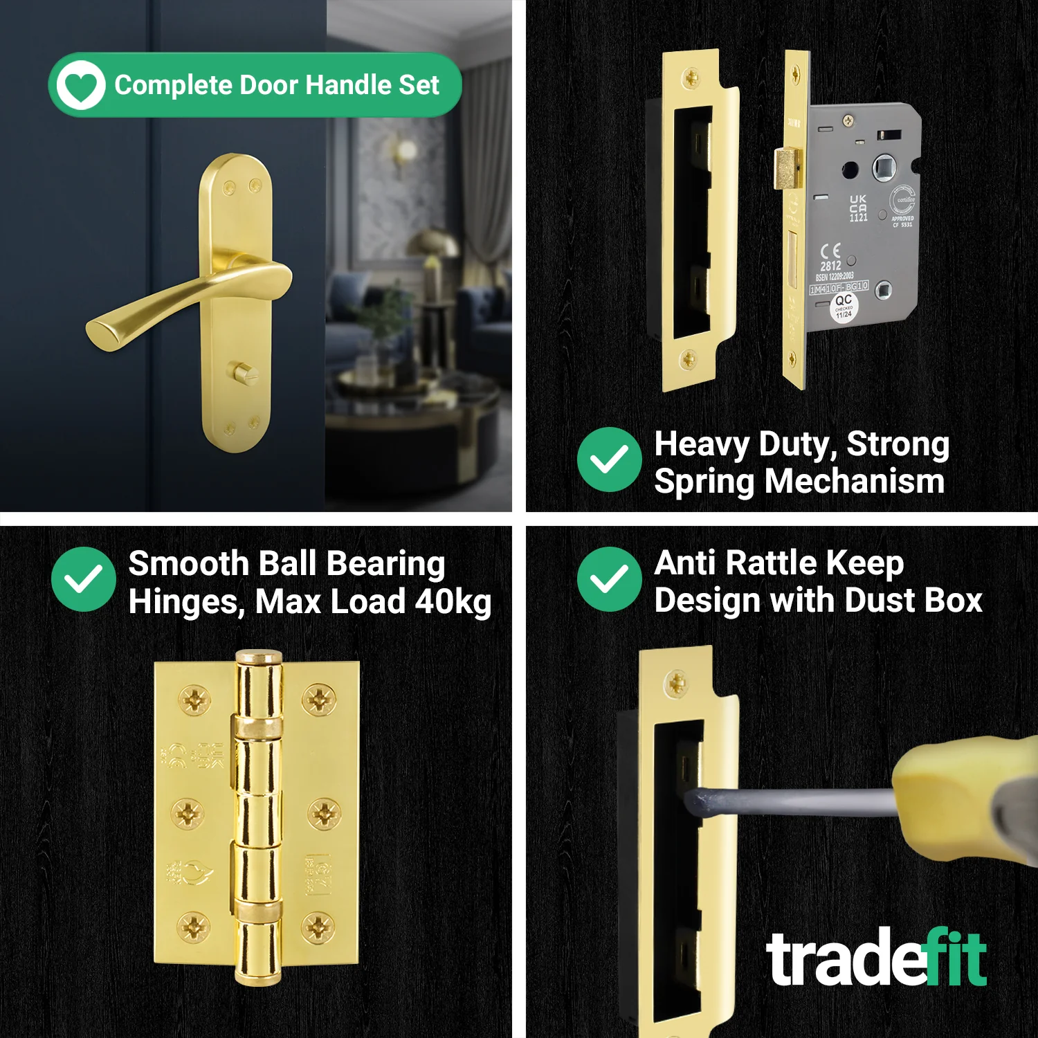 Nola Brass Plated Lever on Backplate Door Handle Pack – 64mm Bathroom Lock - Image 5