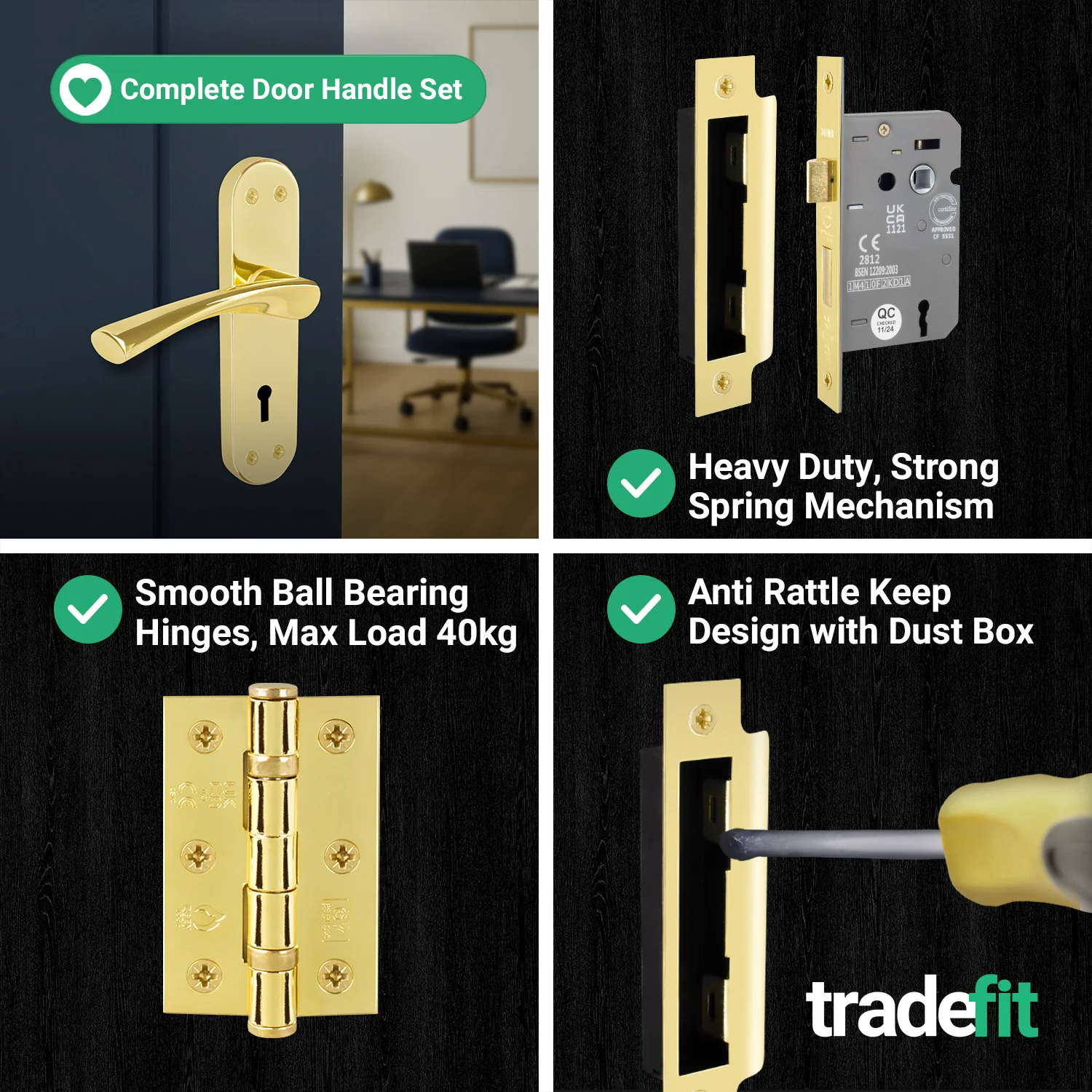 Nola Brass Plated Lever on Backplate Door Handle Pack – 64mm Sashlock - Image 5