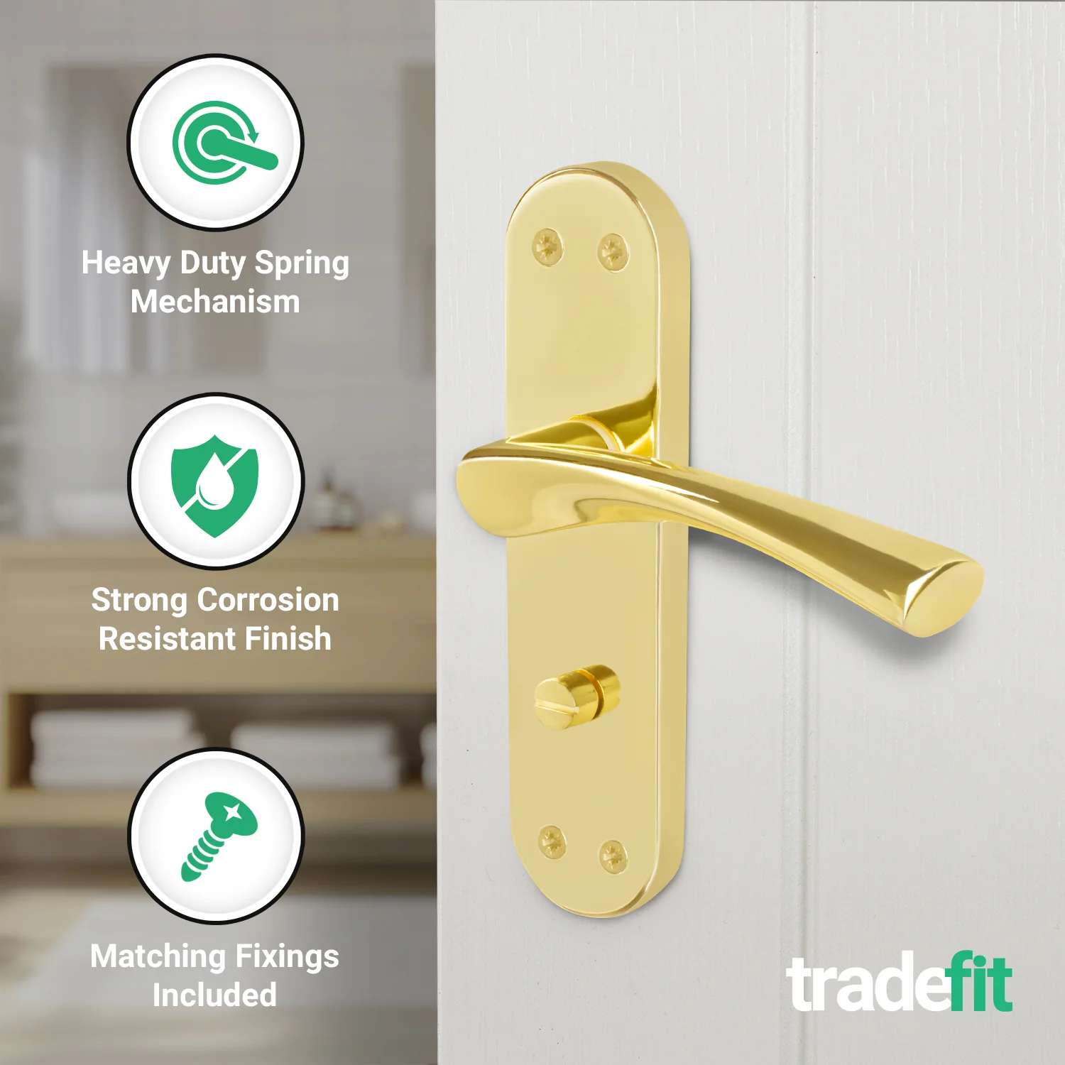 Nola Brass Plated Lever on Backplate Door Handle Pack – 80mm Bathroom Lock - Image 4