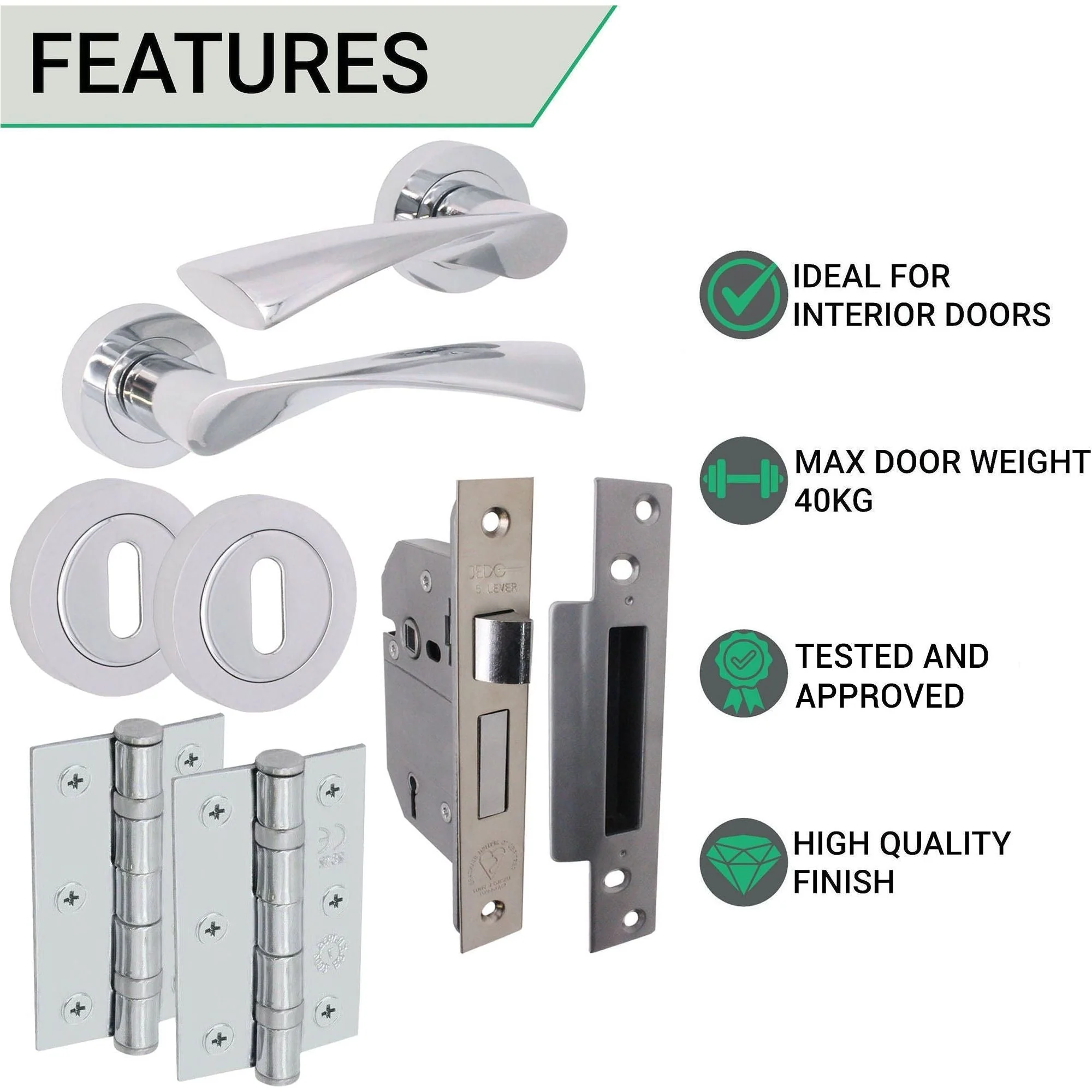 Nola Polished Chrome Lever on Rose Door Handle Pack - BS3621 5 Lever Lock - Image 3