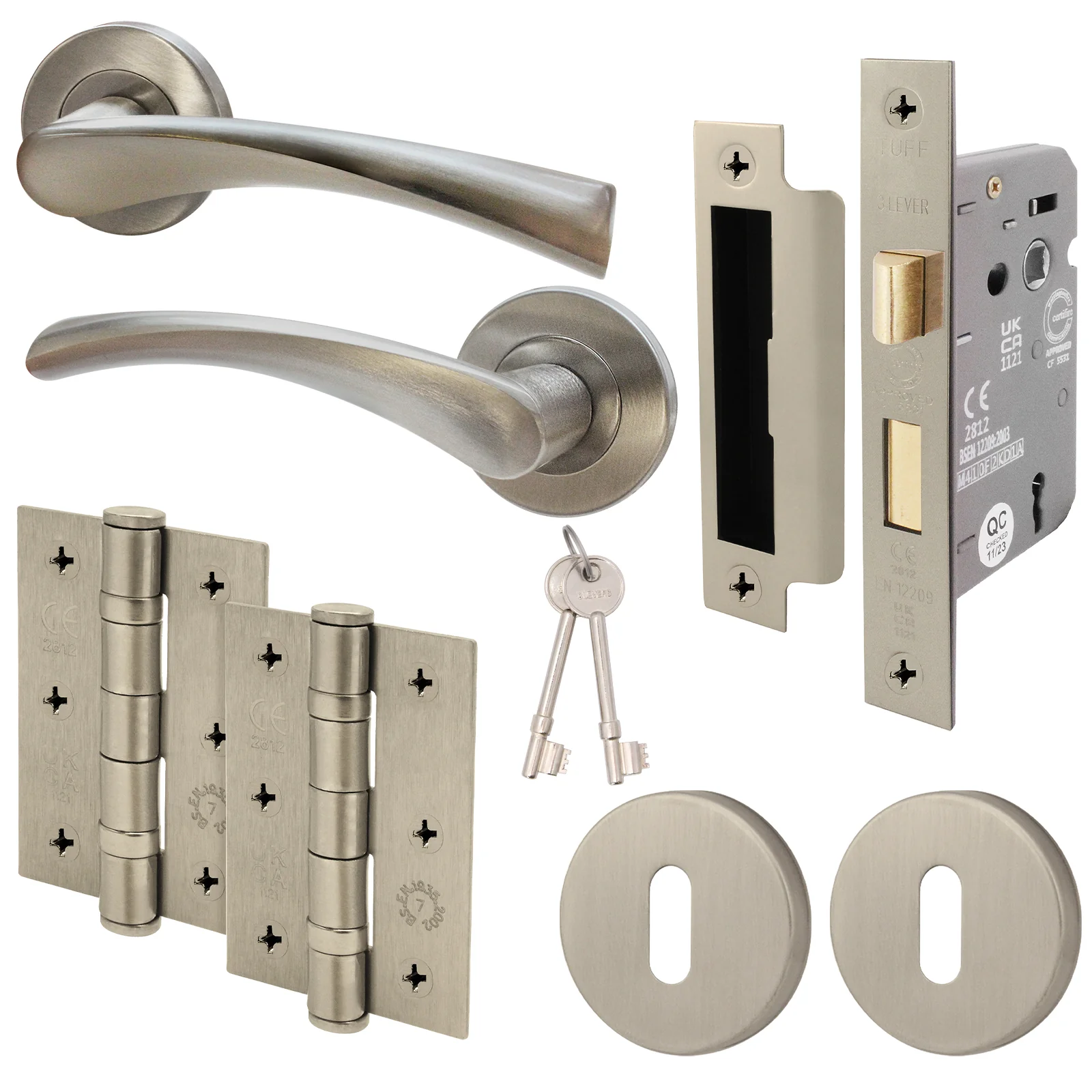 Nola Satin Nickel Lever on Rose Door Handle Pack - BS3621 5 Lever Lock