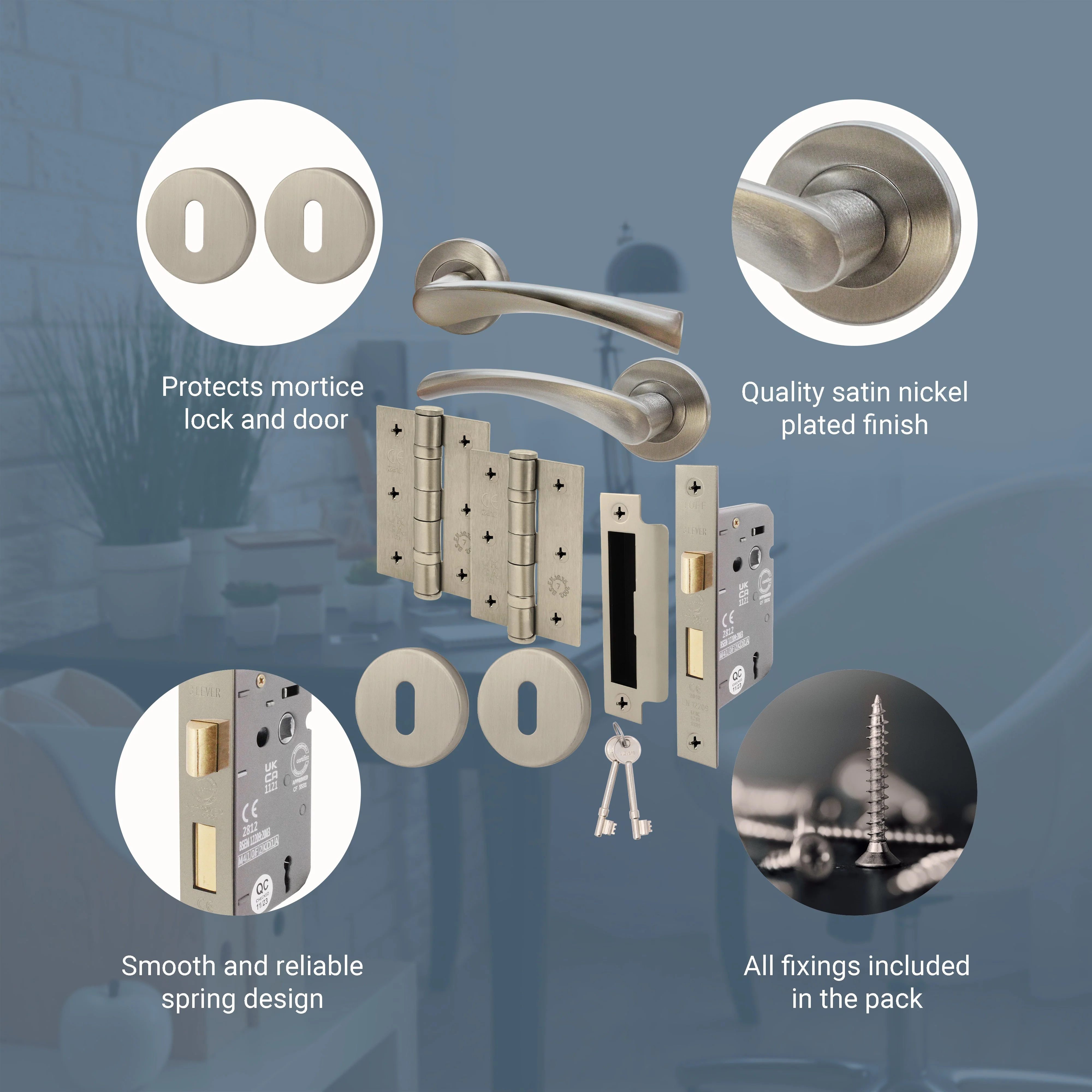 Nola Satin Nickel Lever on Rose Door Handle Pack - BS3621 5 Lever Lock - Image 3