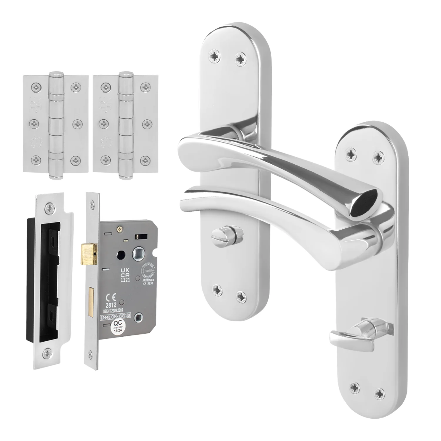 Nola Polished Chrome Lever on Backplate Door Handle Pack - 80mm Bathroom Lock