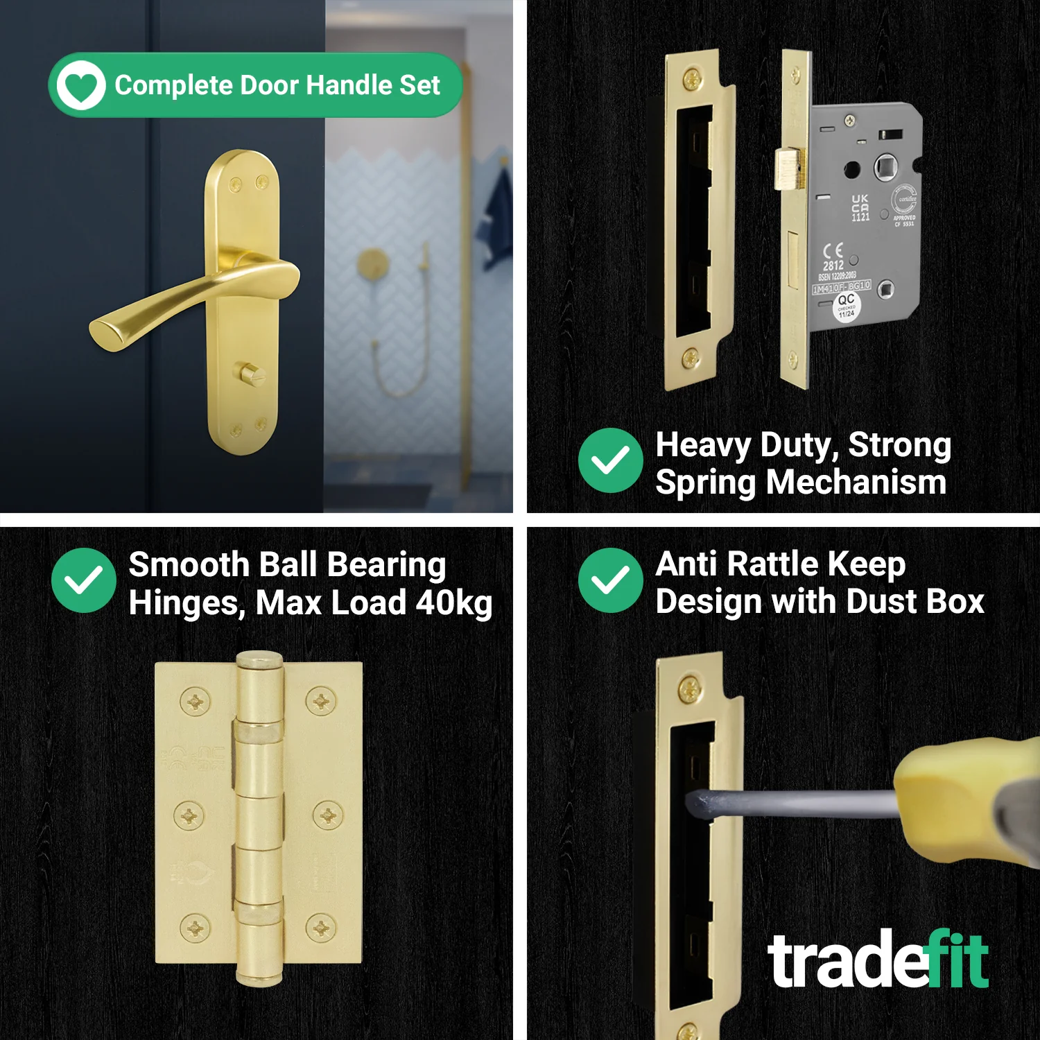 Nola Satin Brass Lever on Backplate Door Handle Pack – 64mm Bathroom Lock - Image 5