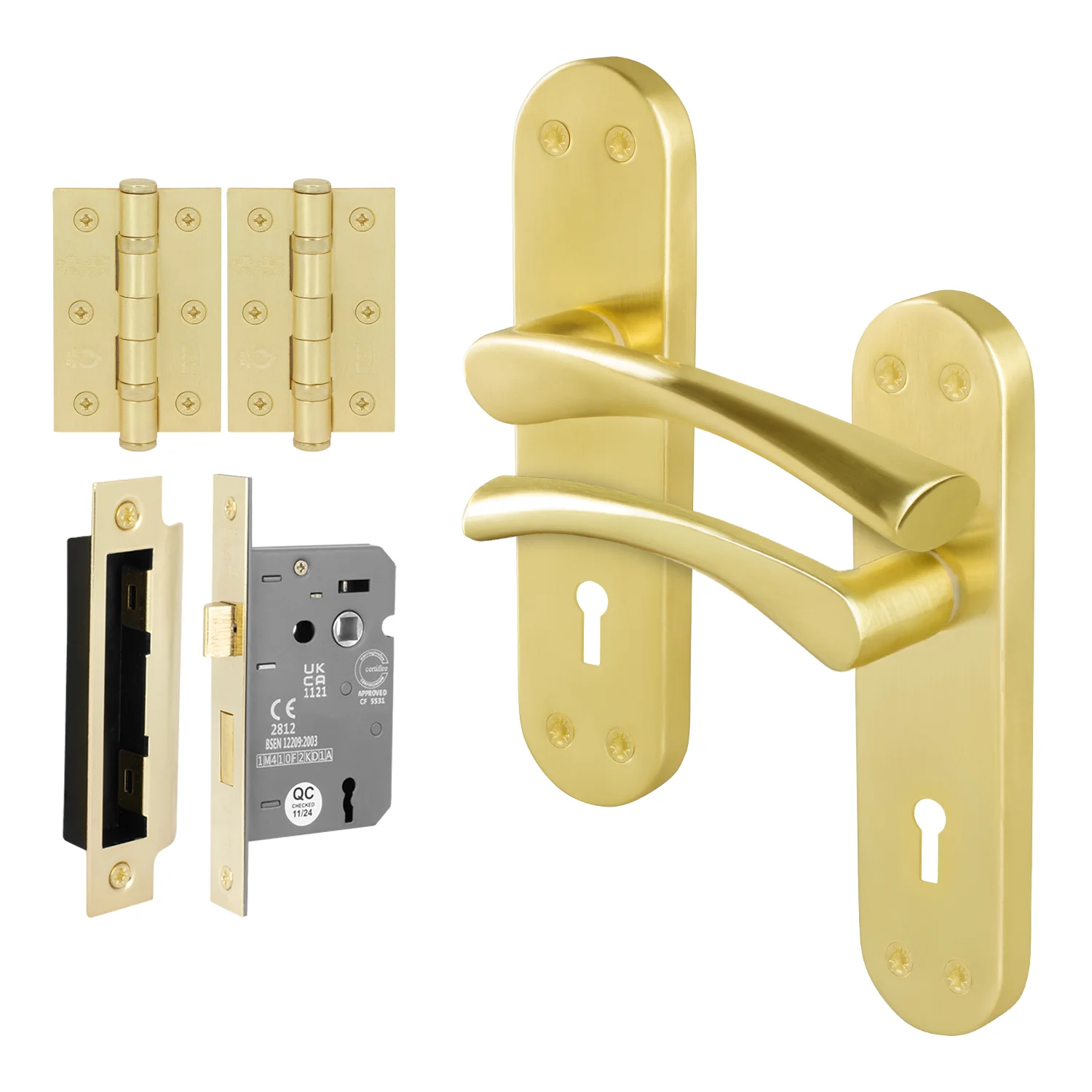 Nola Satin Brass Lever on Backplate Door Handle Pack – 80mm Sashlock