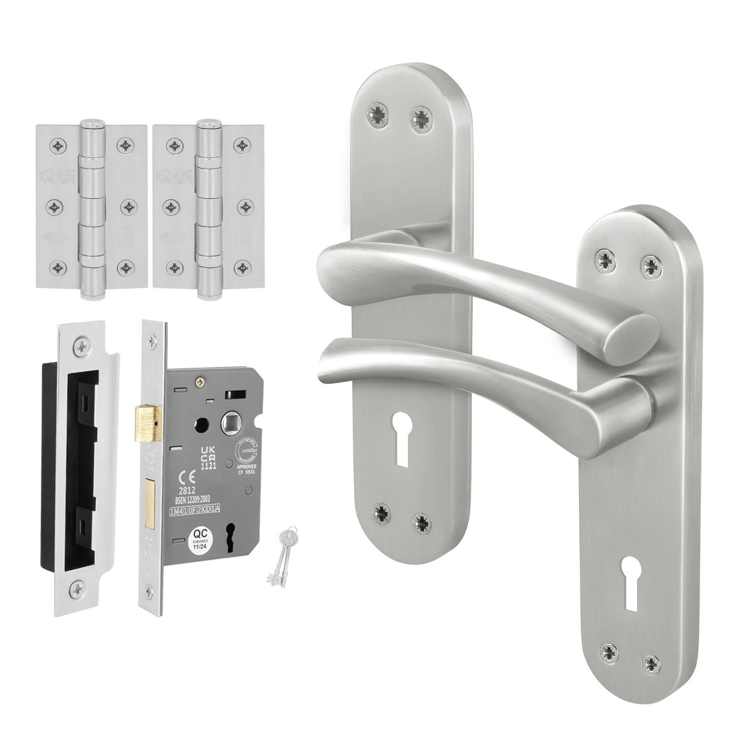 Nola Satin Nickel Lever on Backplate Door Handle Pack - 64mm Sashlock
