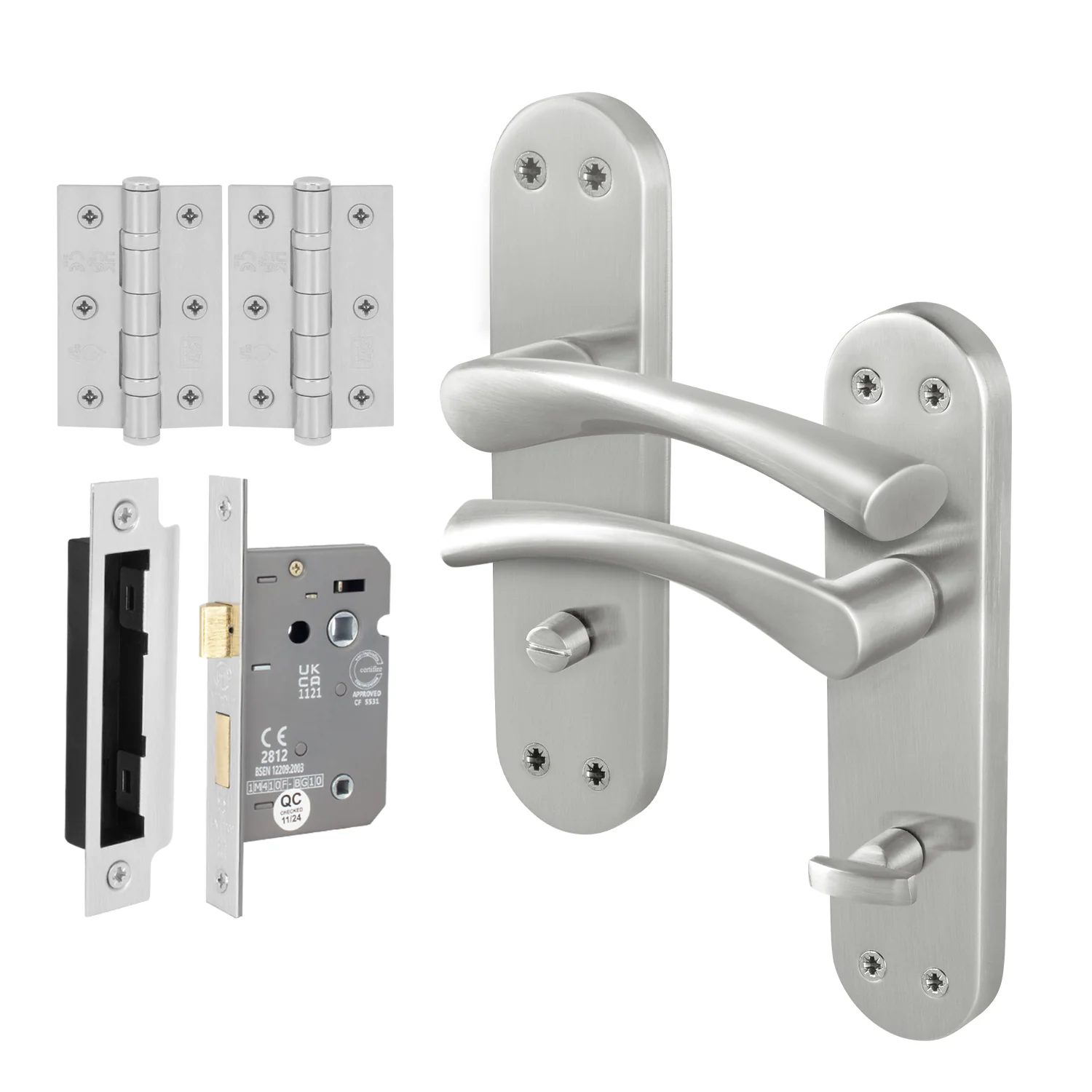 Nola Satin Nickel Lever on Backplate Door Handle Pack - 80mm Bathroom Lock