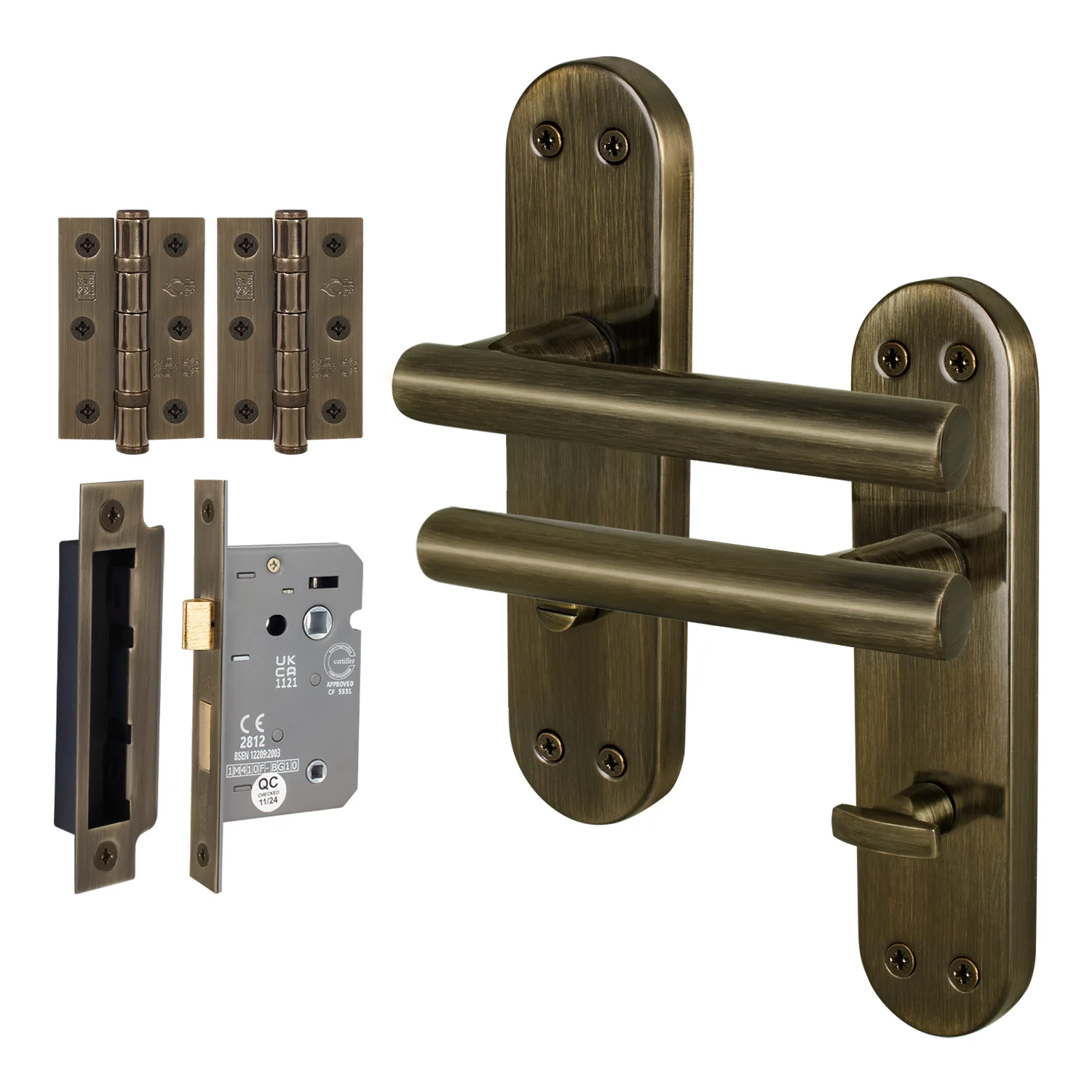 Olbia Antique Brass Lever on Backplate Door Handle Pack – 80mm Bathroom Lock