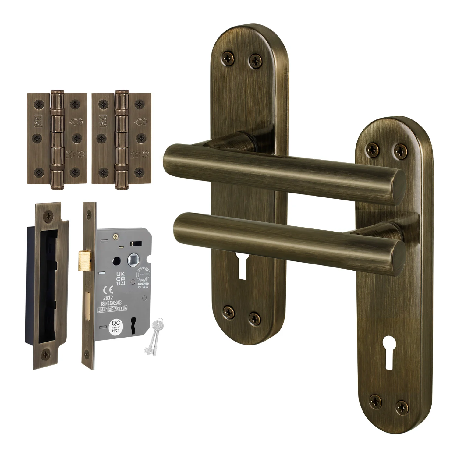 Olbia Antique Brass Lever on Backplate Door Handle Pack – 80mm Sashlock