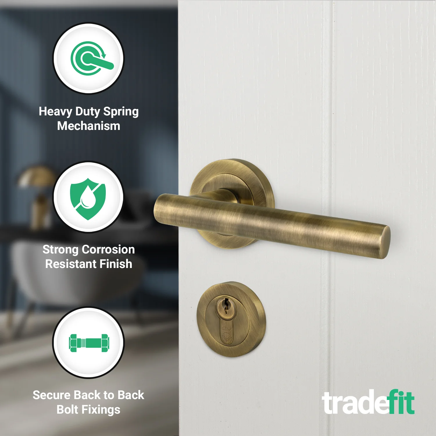 Olbia Antique Brass Lever on Rose Door Handle Kit - 80mm Euro Sashlock and Double Cylinder - Keyed Alike - Image 4