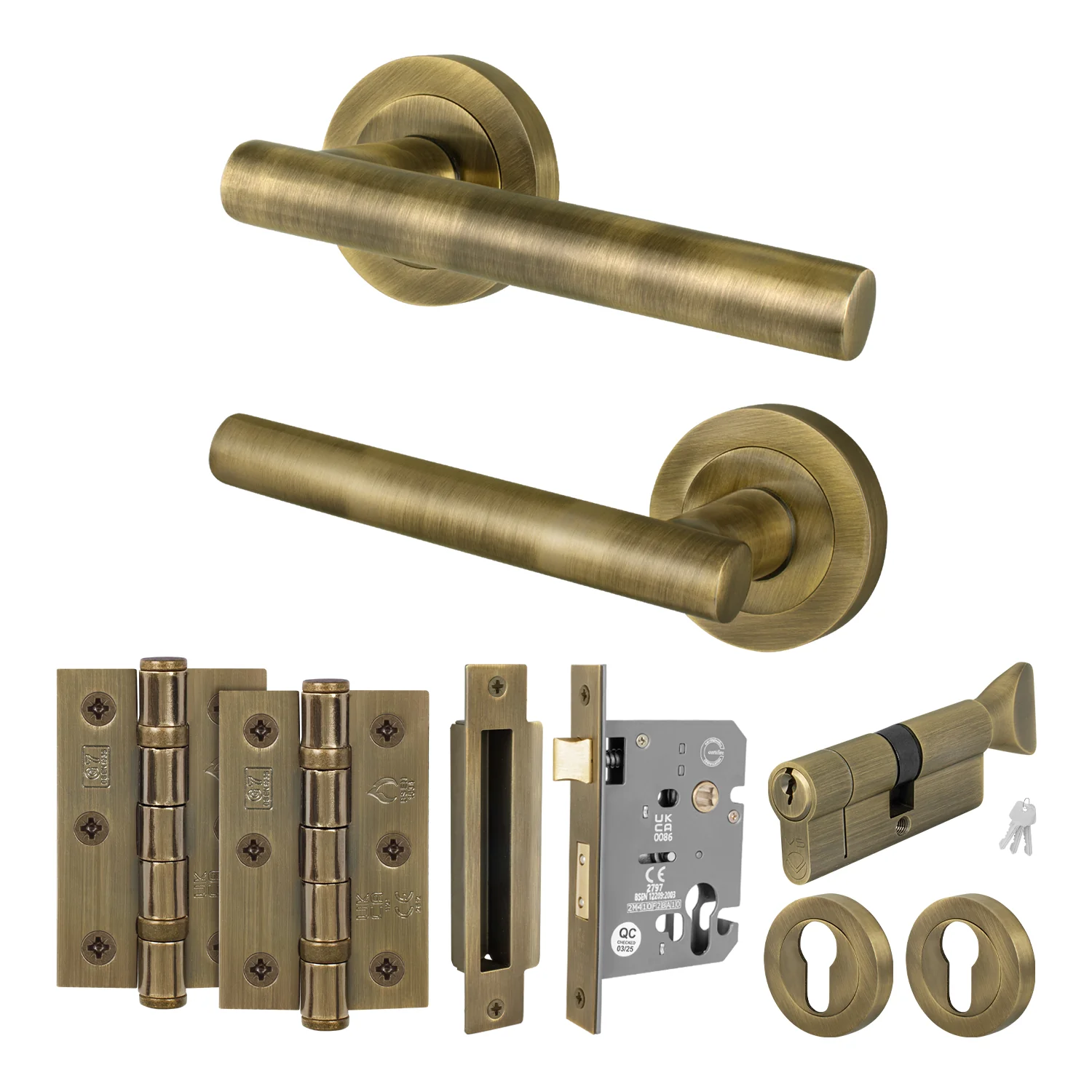 Olbia Antique Brass Lever on Rose Door Handle Kit - 80mm Euro Sashlock and Double Cylinder - Master Keyed