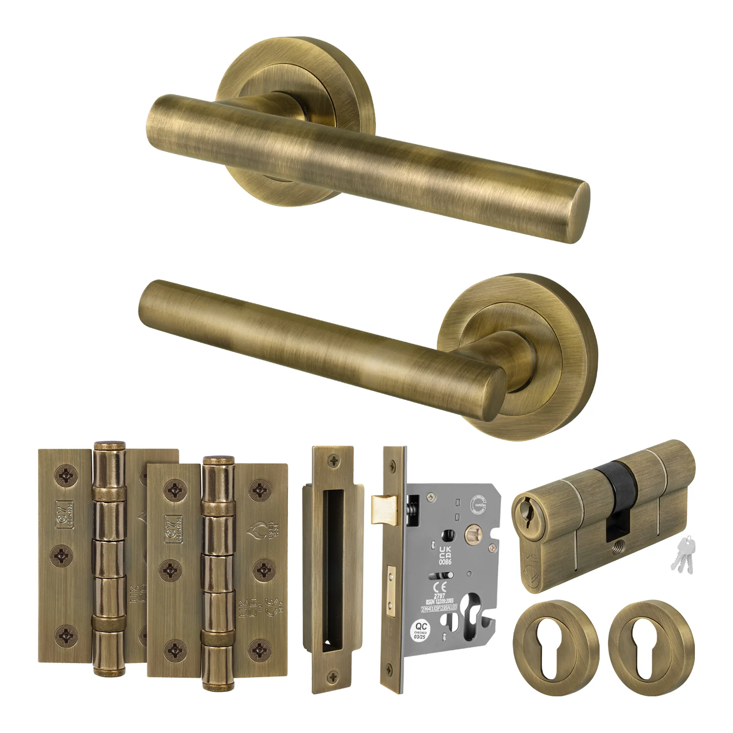 Olbia Antique Brass Lever on Rose Door Handle Kit - 80mm Euro Sashlock and Thumbturn Cylinder - Keyed Alike