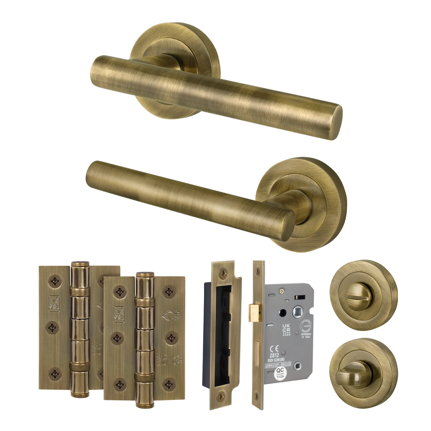 Olbia Antique Brass Lever on Rose Door Handle Pack - 80mm Bathroom Lock