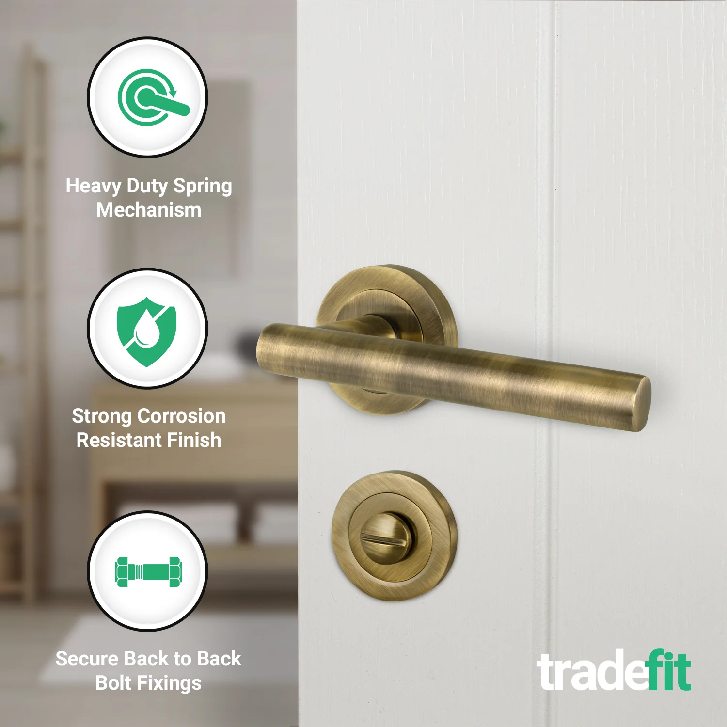 Olbia Antique Brass Lever on Rose Door Handle Pack - 80mm Bathroom Lock - Image 4
