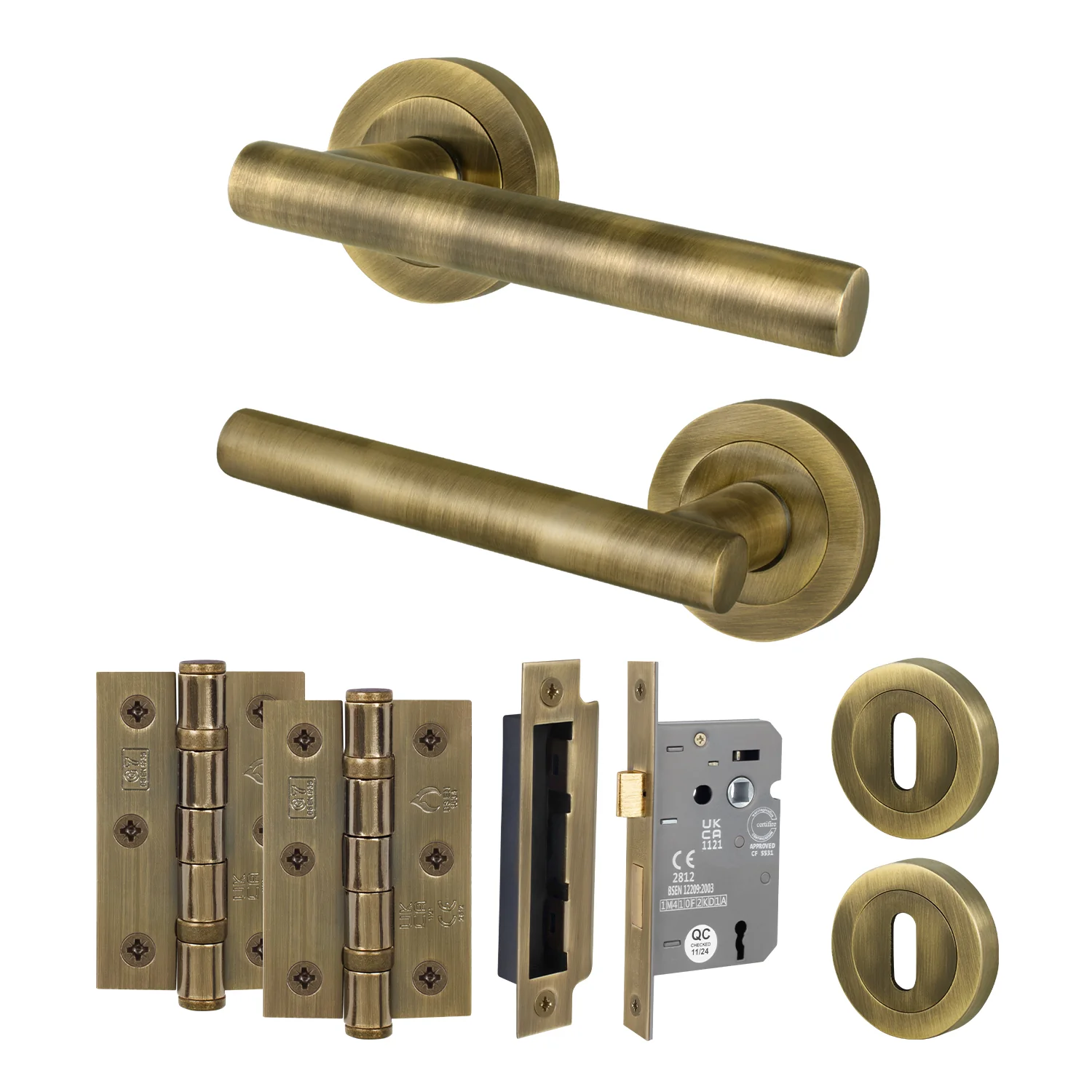 Olbia Antique Brass Lever on Rose Door Handle Pack - 80mm Sashlock