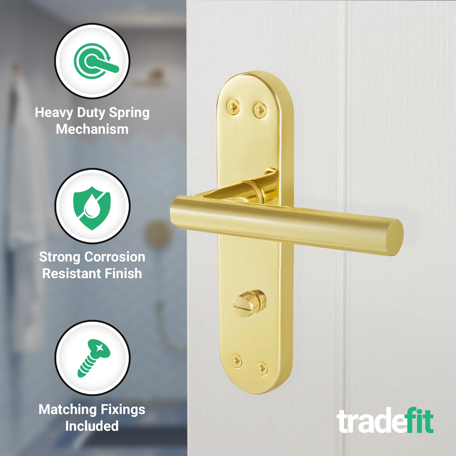 Olbia Brass Plated Lever on Backplate Door Handle Pack – 64mm Bathroom Lock - Image 4
