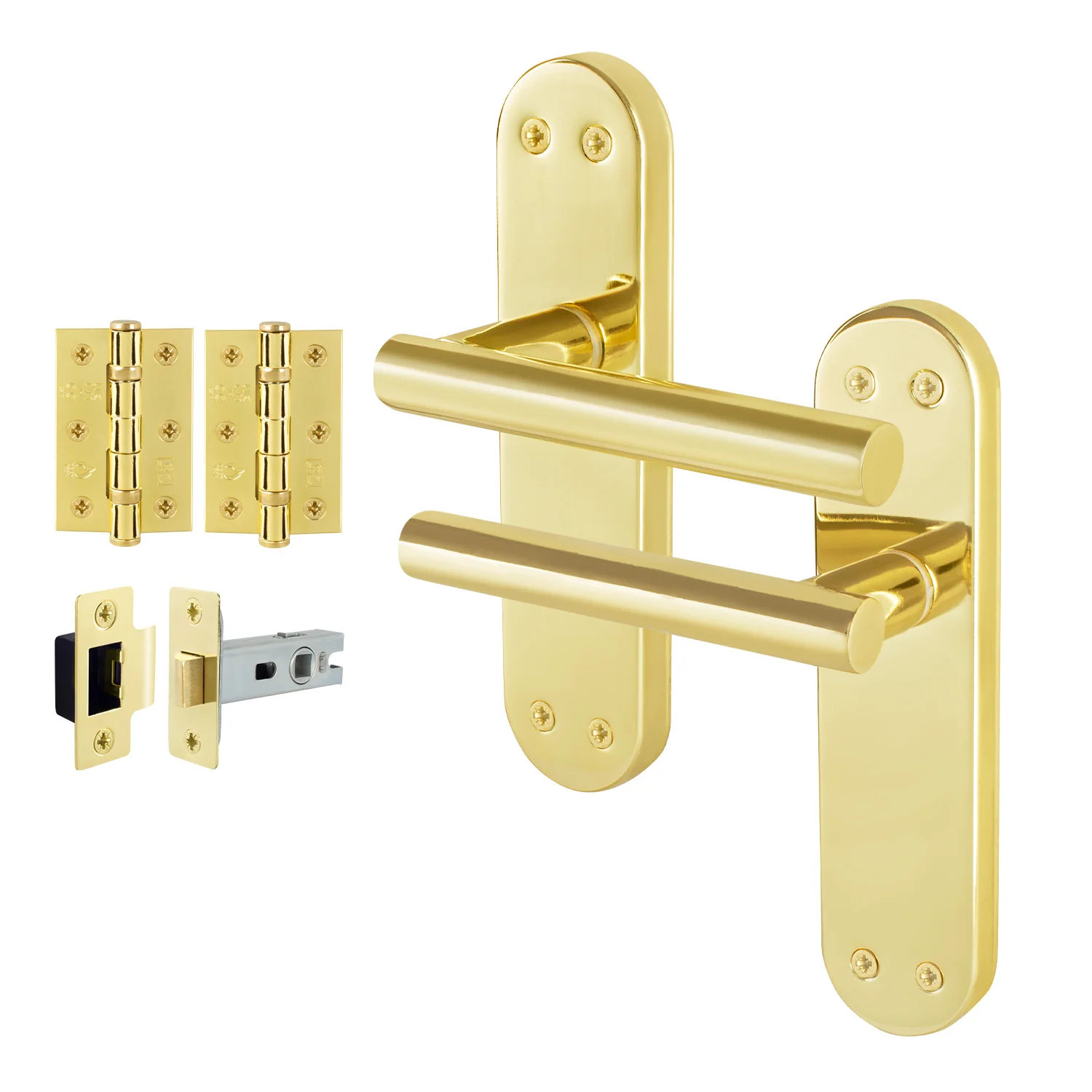 Olbia Brass Plated Lever on Backplate Door Handle Pack – 64mm Latch