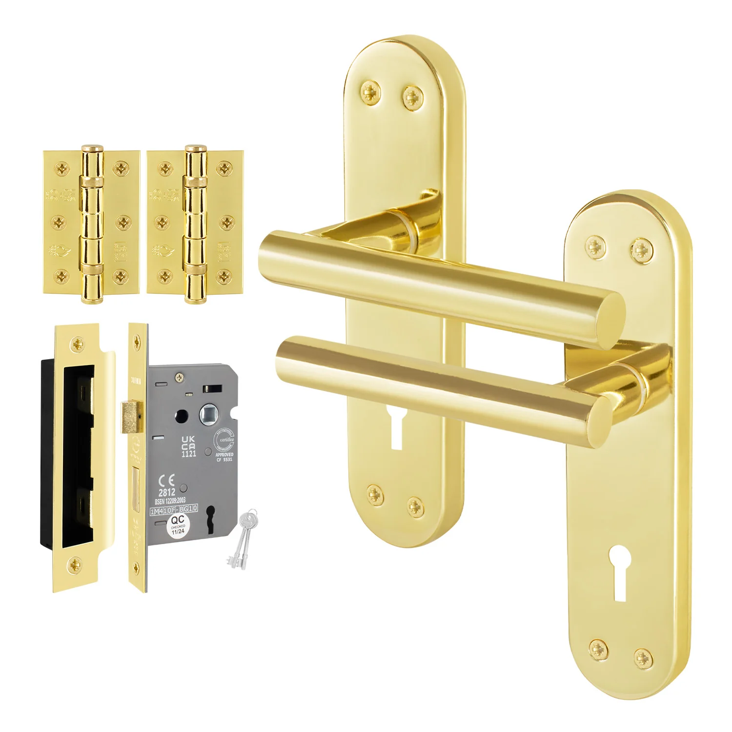 Olbia Brass Plated Lever on Backplate Door Handle Pack – 64mm Sashlock