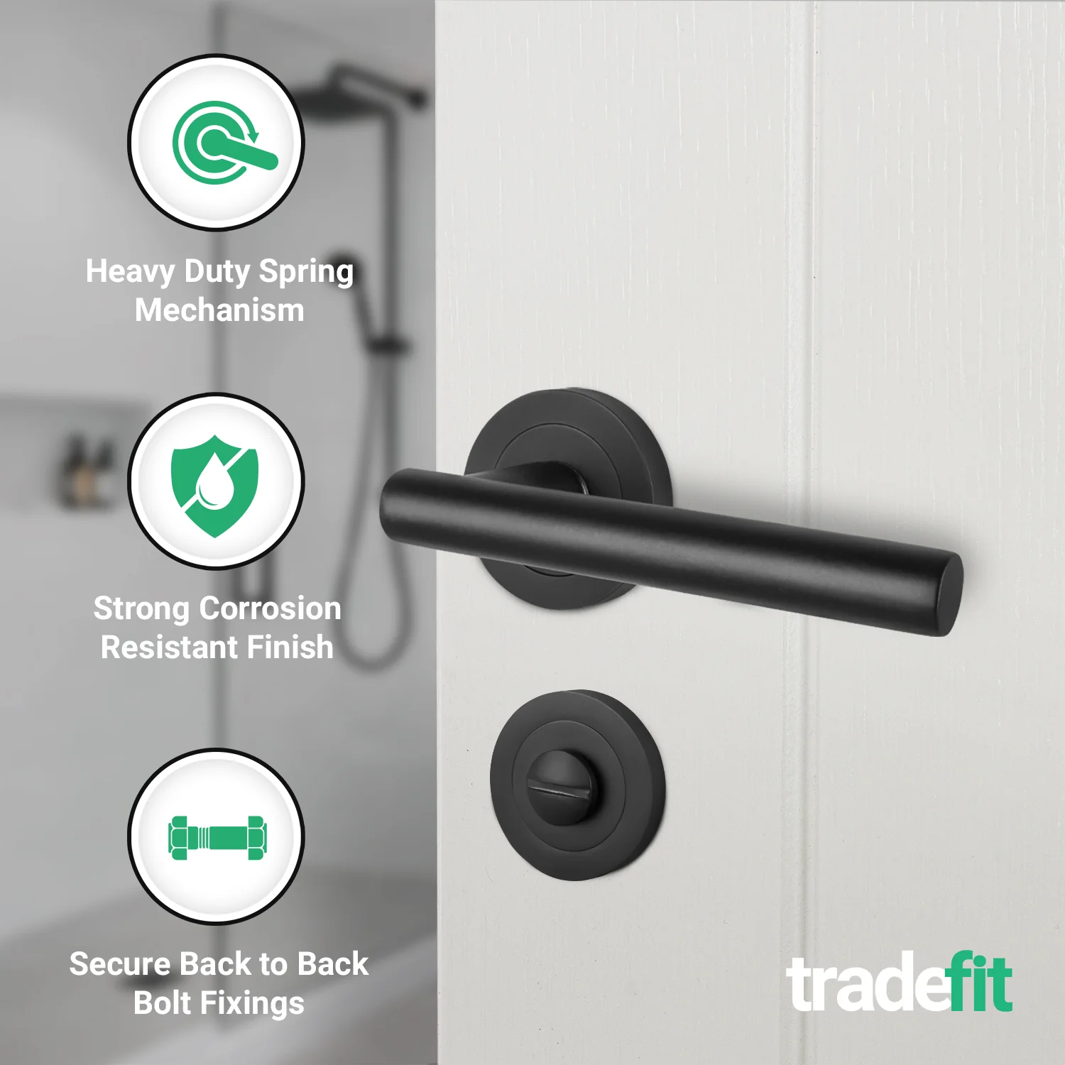 Olbia Matt Black Lever on Rose Door Handle Pack - 64mm Bathroom Lock - Image 4