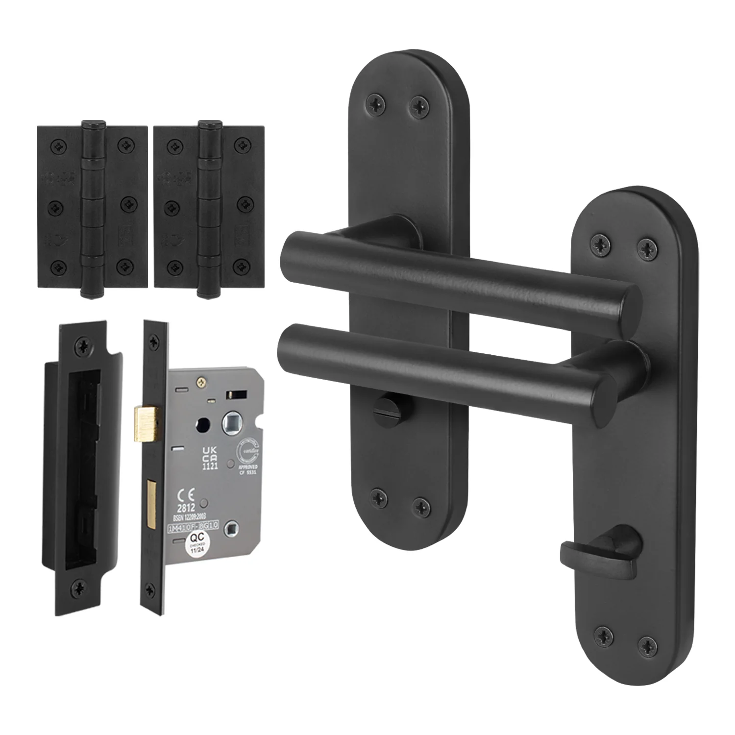 Olbia Matt Black Lever on Backplate Door Handle Pack – 64mm Bathroom Lock