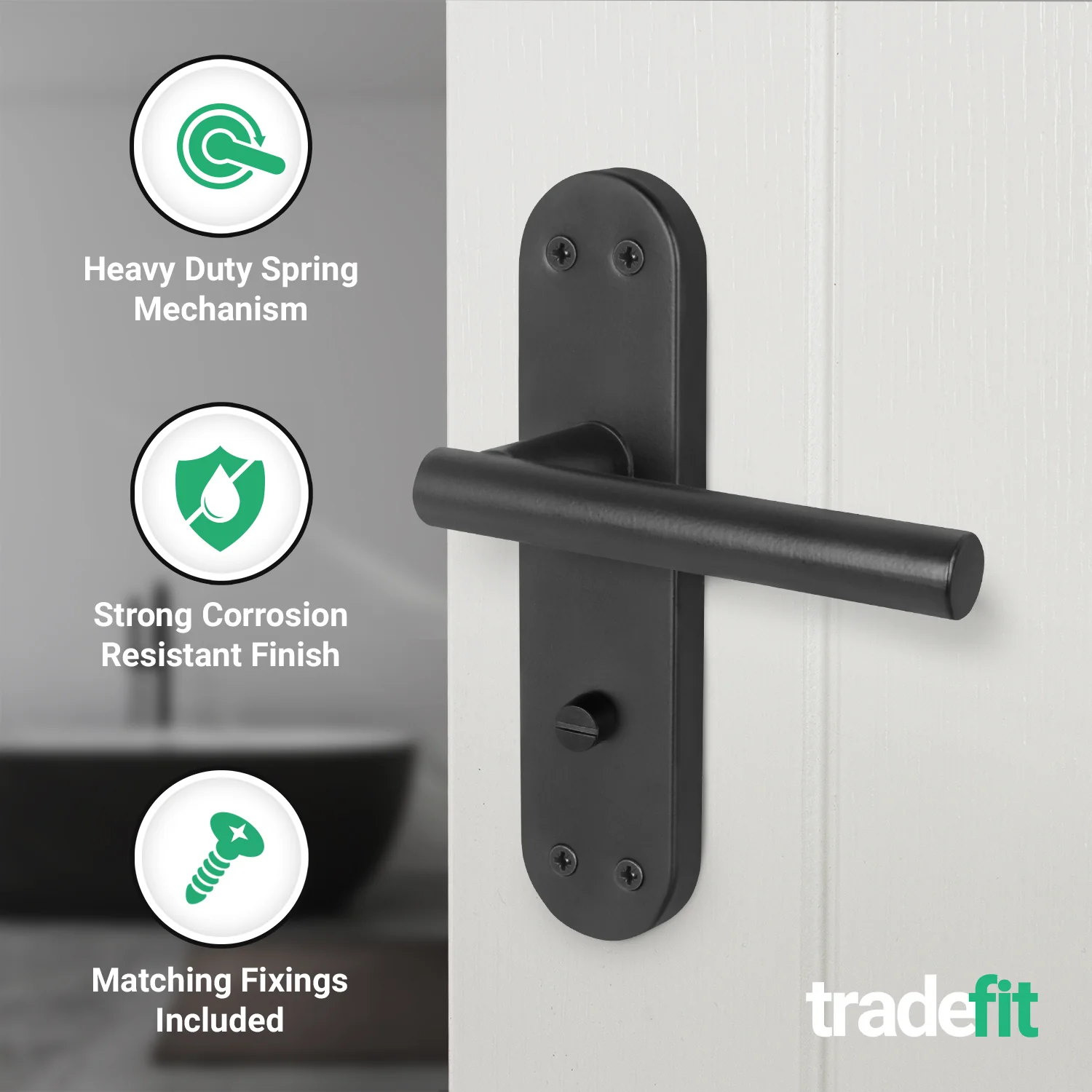 Olbia Matt Black Lever on Backplate Door Handle Pack – 64mm Bathroom Lock - Image 4