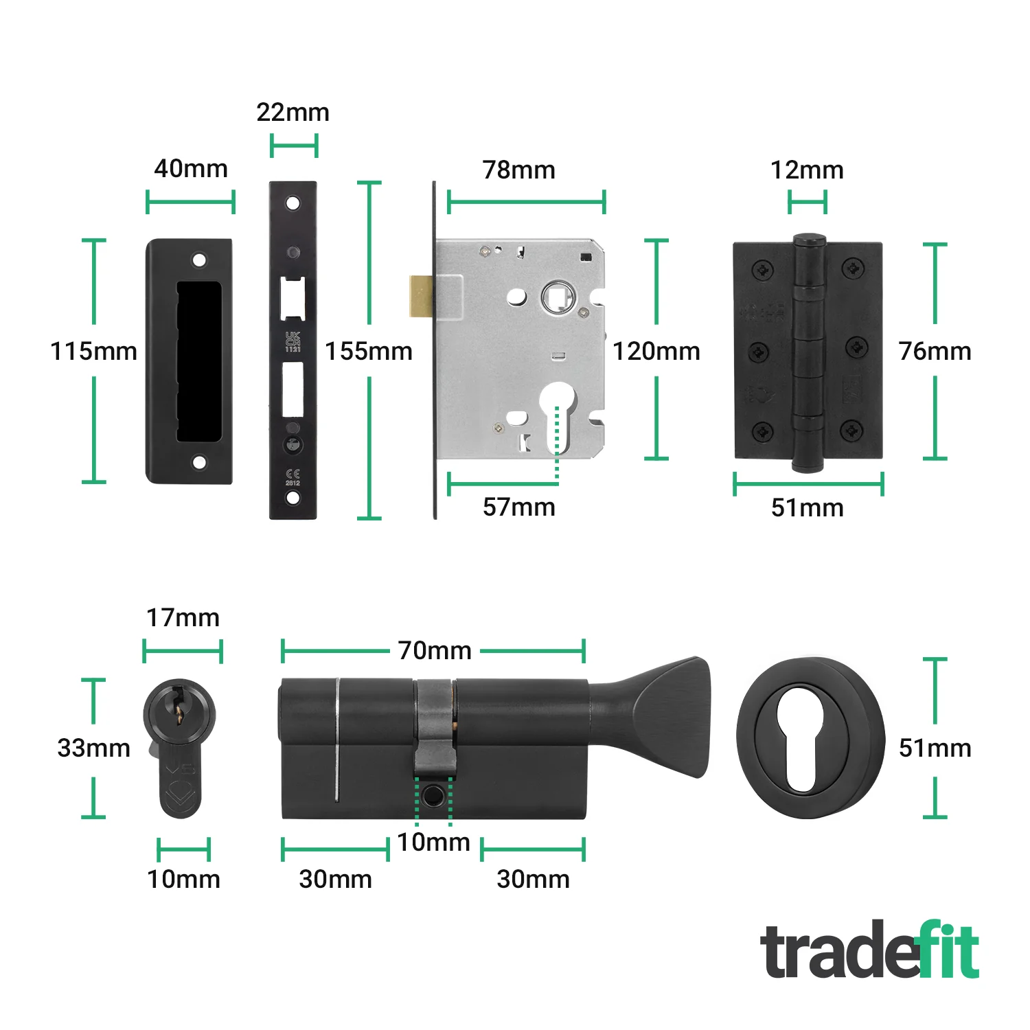 Olbia Matt Black Lever on Rose Door Handle Kit - 80mm Euro Sashlock and Double Cylinder - Keyed to Differ - Image 3