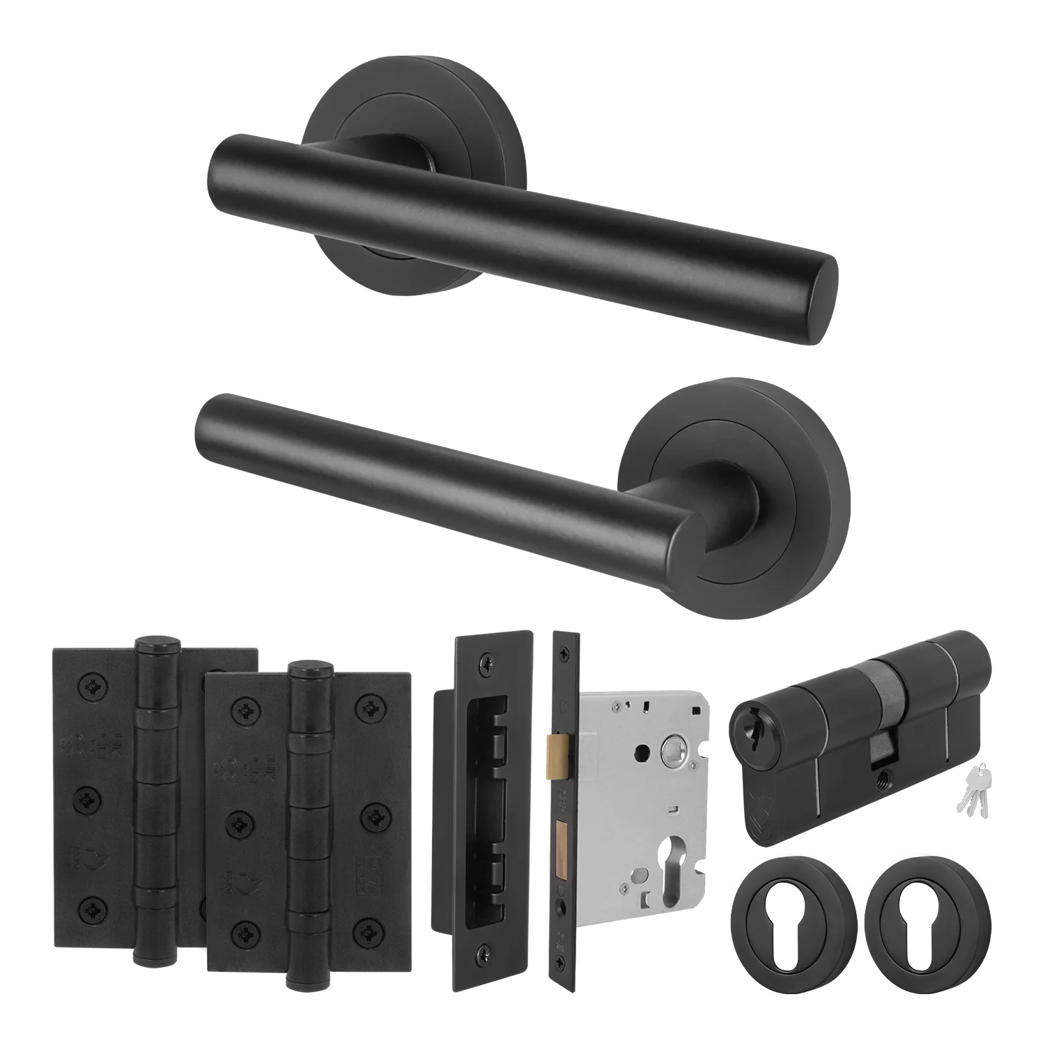 Olbia Matt Black Lever on Rose Door Handle Kit - 80mm Euro Sashlock and Double Cylinder - Master Keyed