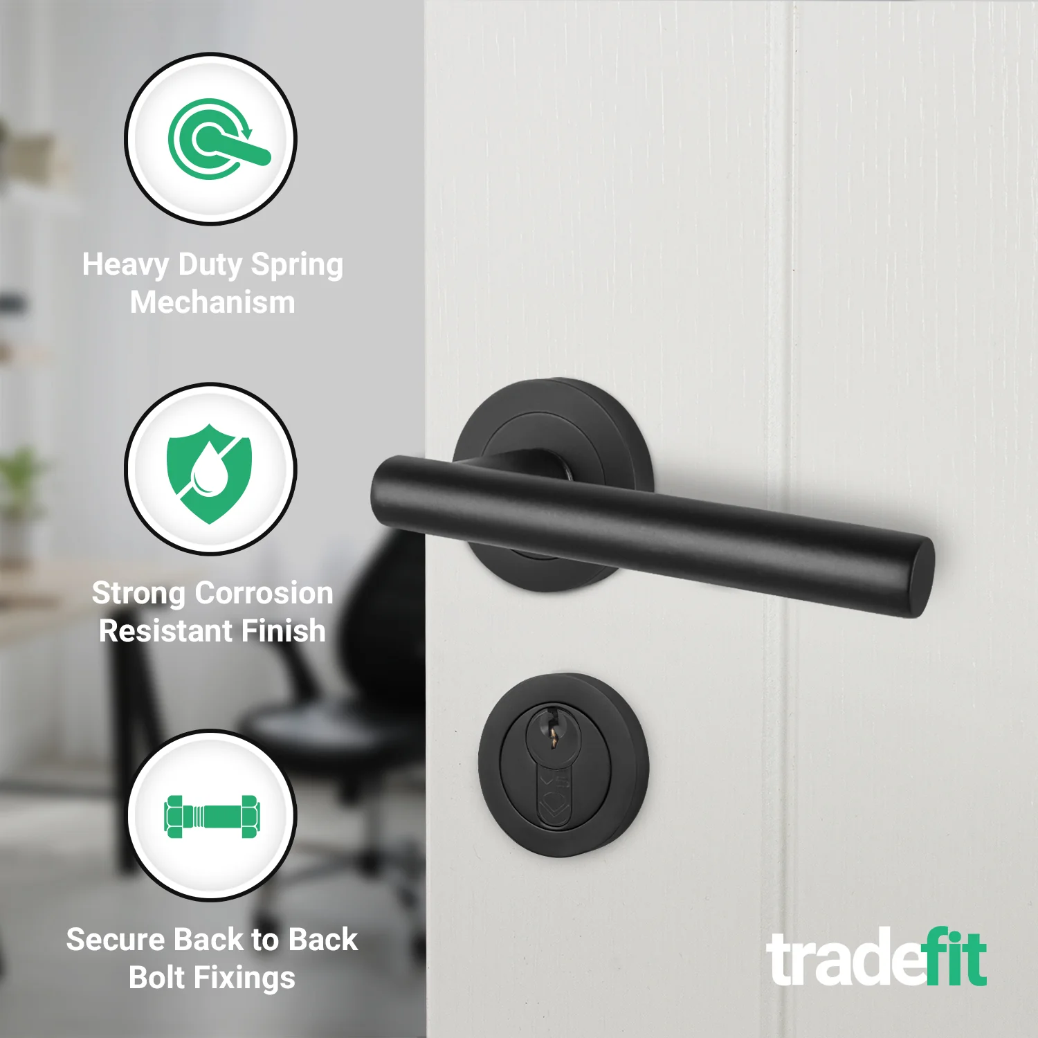 Olbia Matt Black Lever on Rose Door Handle Kit - 80mm Euro Sashlock and Double Cylinder - Master Keyed - Image 4