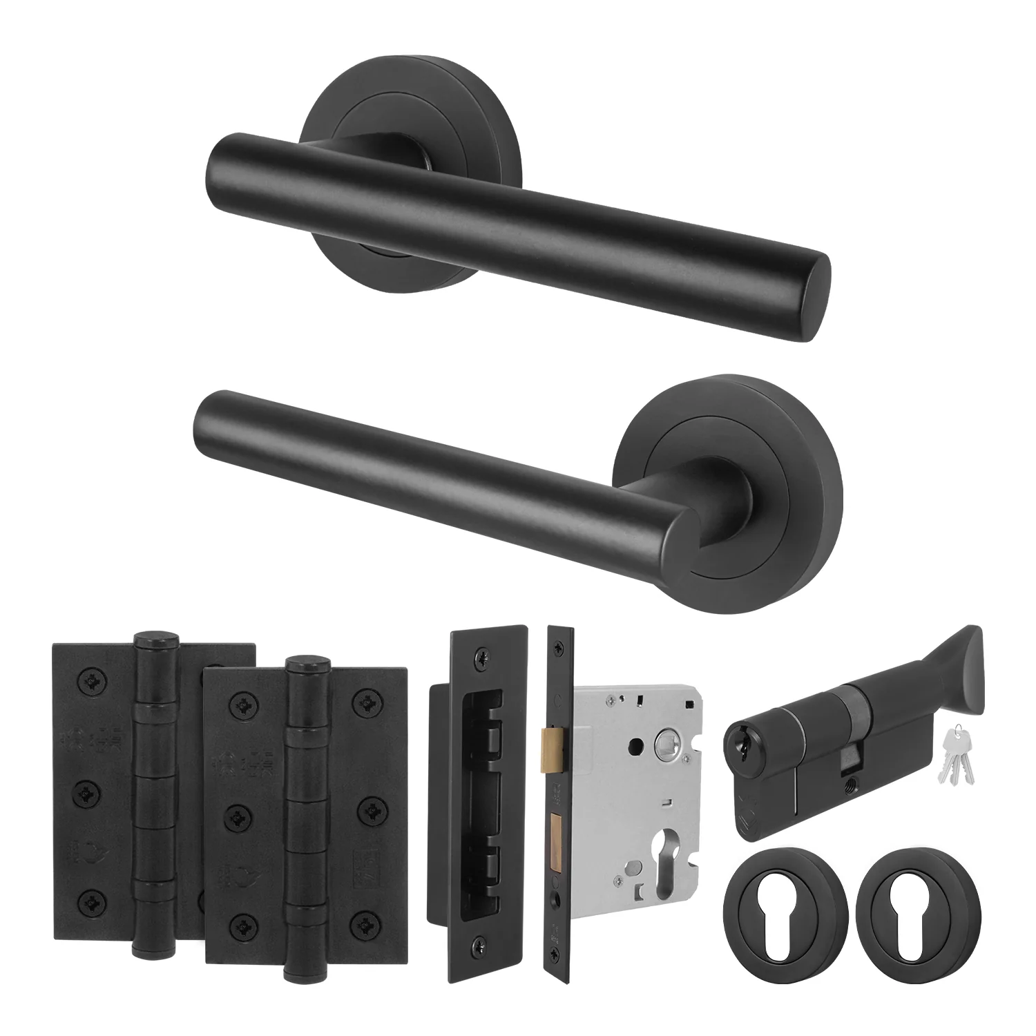 Olbia Matt Black Lever on Rose Door Handle Kit - 80mm Euro Sashlock and Thumbturn Cylinder - Keyed Alike