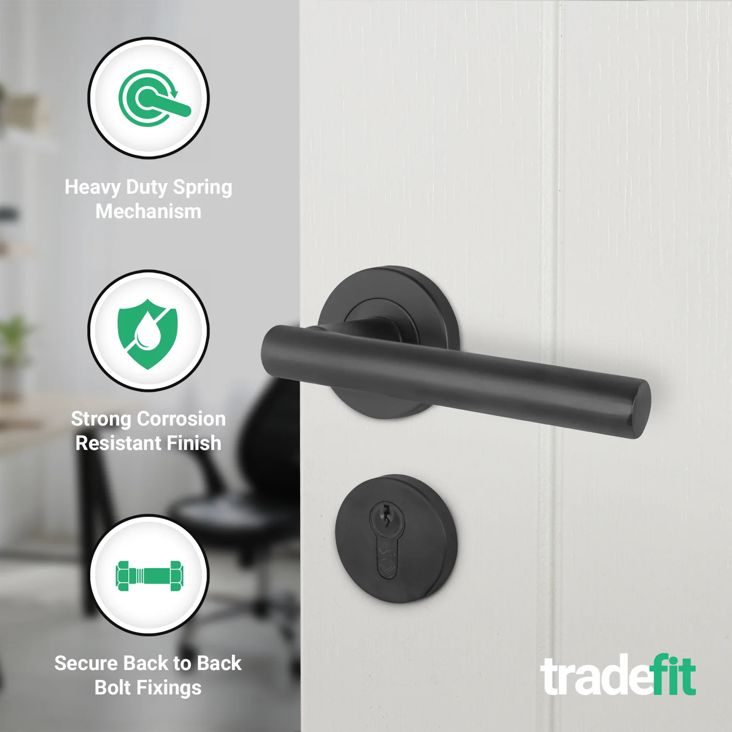 Olbia Matt Black Lever on Rose Door Handle Kit - 80mm Euro Sashlock and Thumbturn Cylinder - Keyed to Differ - Image 4