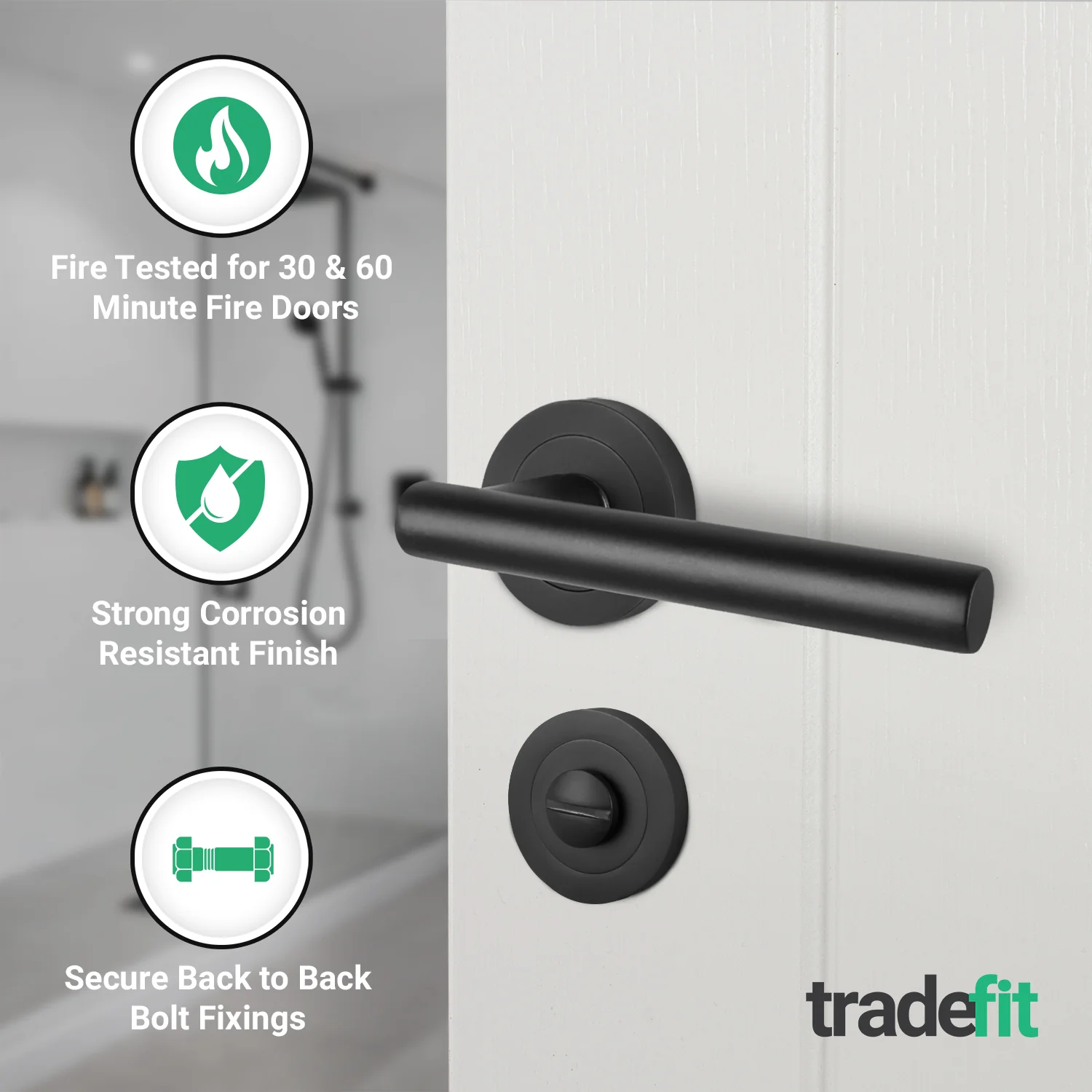 Olbia Matt Black Lever on Rose Door Handle Kit - Medium Duty FD30/60 - 80mm Bathroom Lock - Image 5