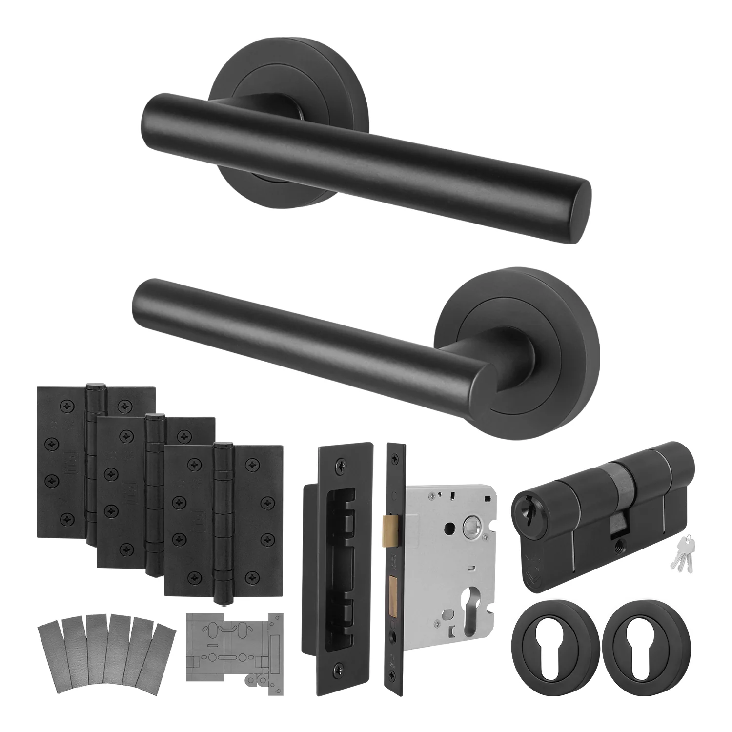 Olbia Matt Black Lever on Rose Door Handle Kit - Medium Duty FD30/60 - 80mm Euro Sashlock and Double Cylinder - Keyed Alike