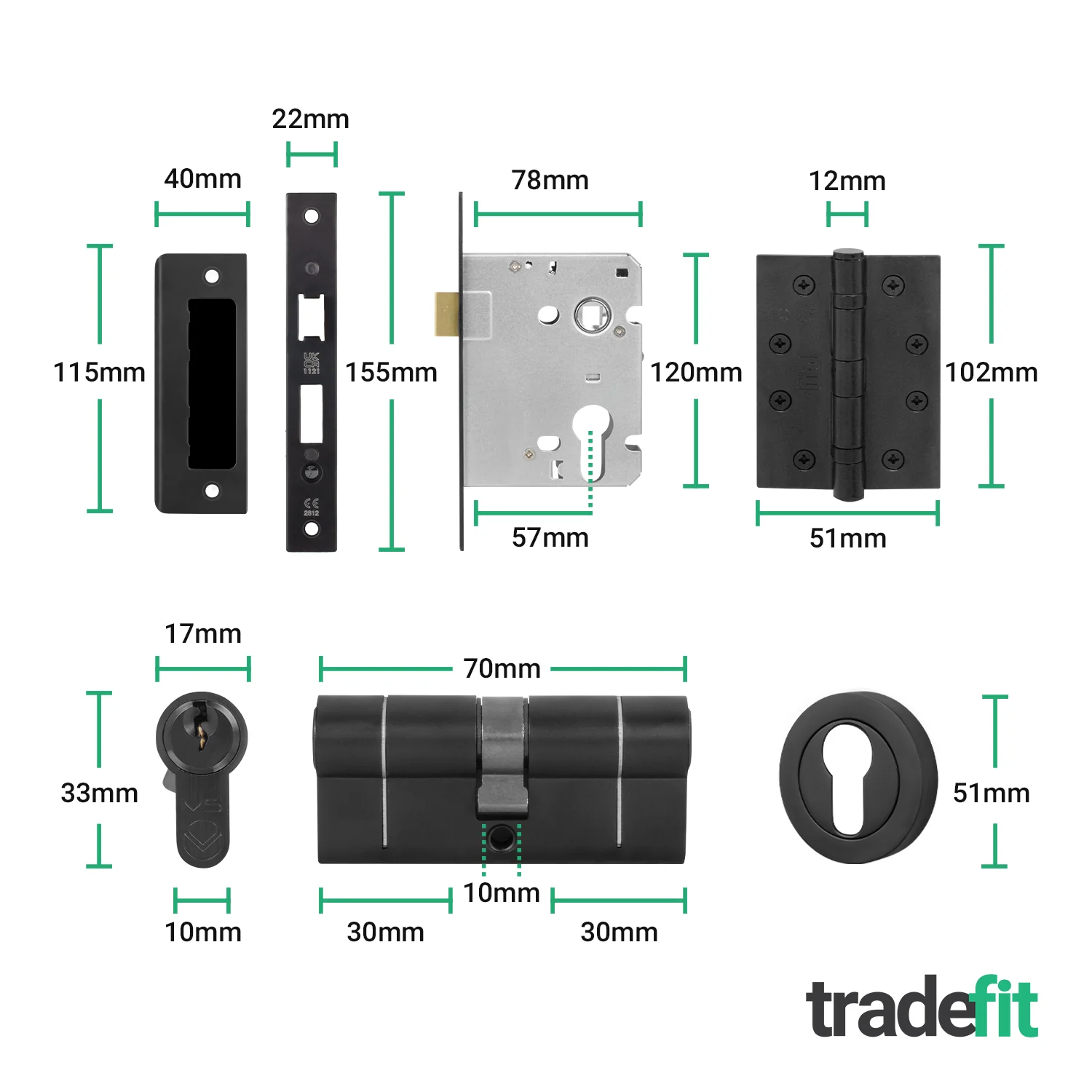 Olbia Matt Black Lever on Rose Door Handle Kit - Medium Duty FD30/60 - 80mm Euro Sashlock and Double Cylinder - Master Keyed - Image 4
