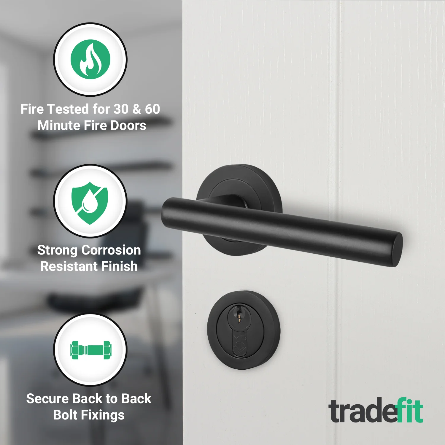 Olbia Matt Black Lever on Rose Door Handle Kit - Medium Duty FD30/60 - 80mm Euro Sashlock and Double Cylinder - Master Keyed - Image 5