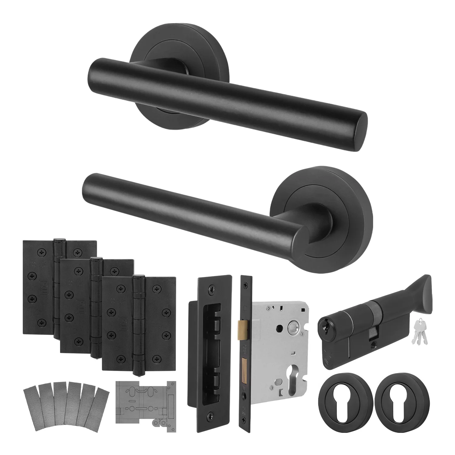 Olbia Matt Black Lever on Rose Door Handle Kit - Medium Duty FD30/60 - 80mm Euro Sashlock and Thumbturn Cylinder - Master Keyed