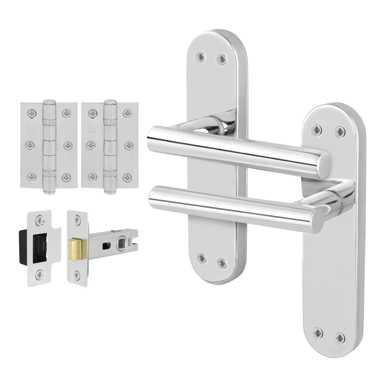 Olbia Polished Chrome Lever on Backplate Door Handle Pack – 64mm Latch