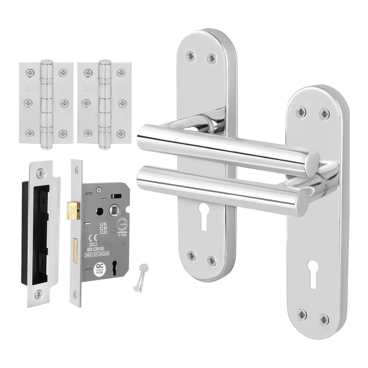Olbia Polished Chrome Lever on Backplate Door Handle Pack – 64mm Sashlock