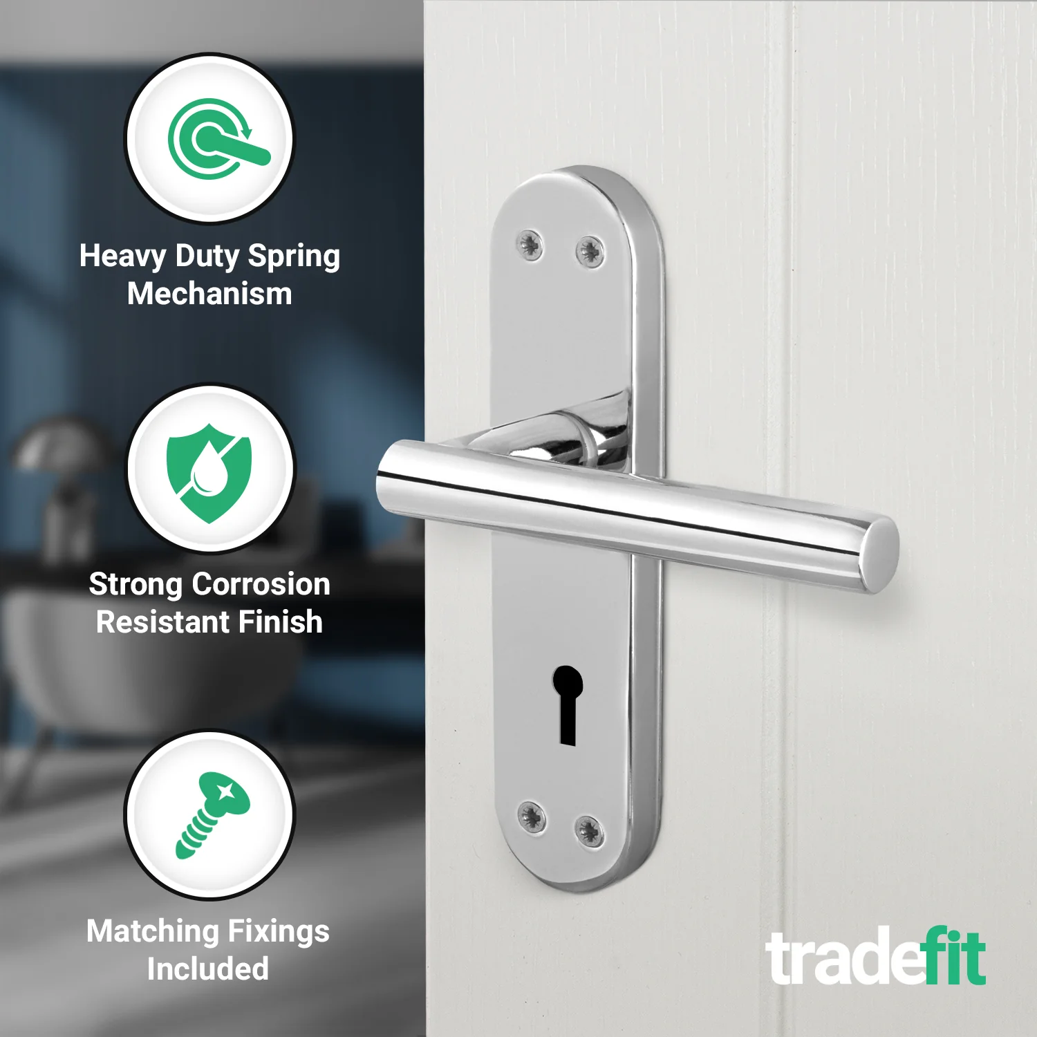 Olbia Polished Chrome Lever on Backplate Door Handle Pack – 80mm Sashlock - Image 4