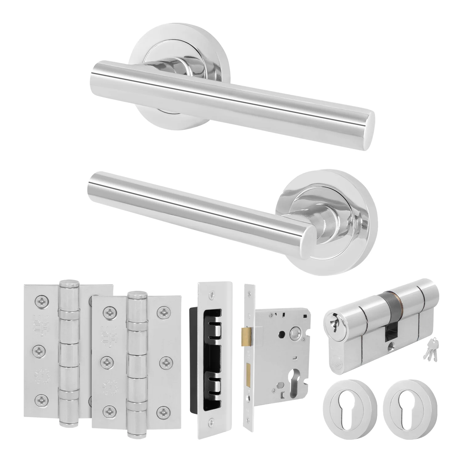 Olbia Polished Chrome Lever on Rose Door Handle Kit - 80mm Euro Sashlock and Double Cylinder - Master Keyed