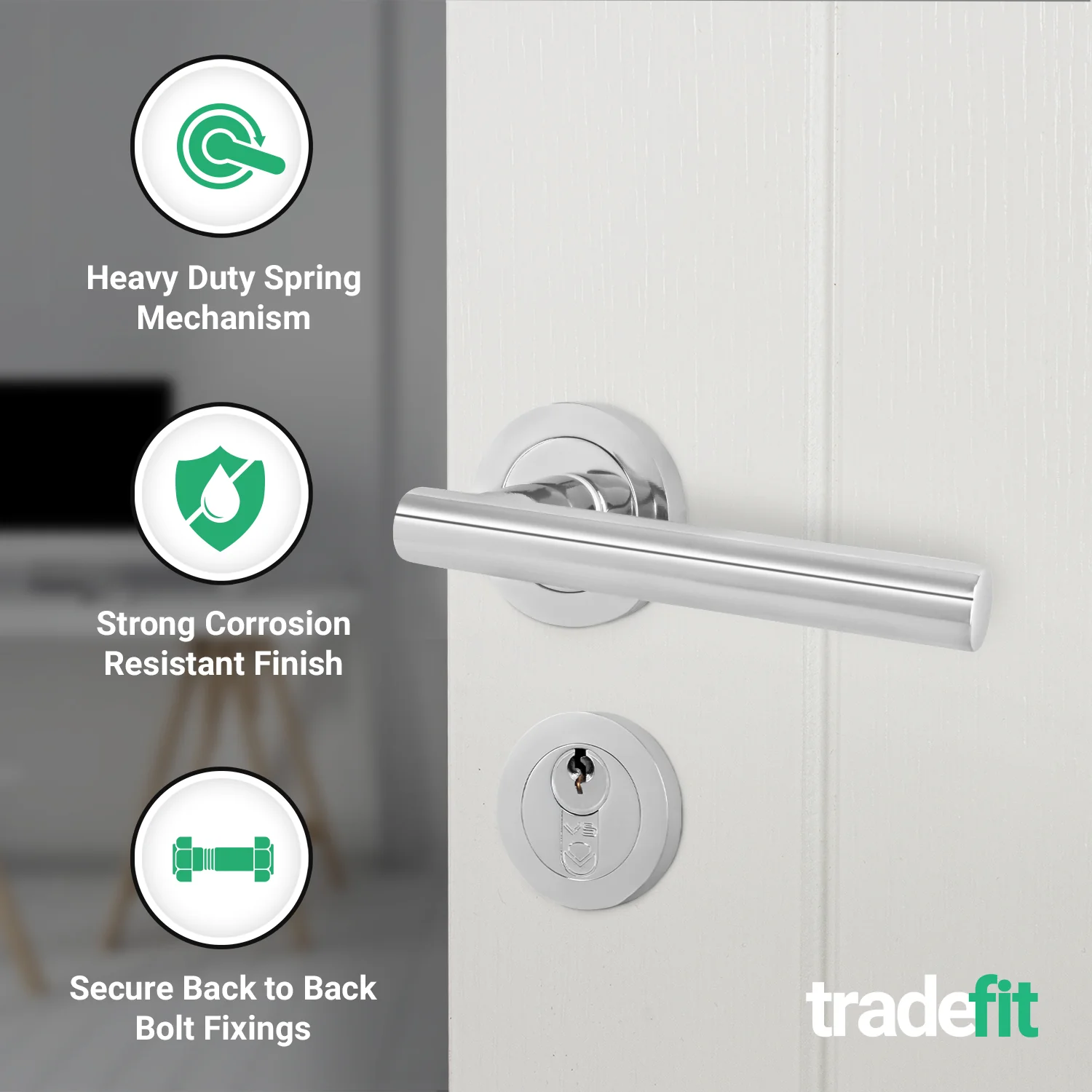 Olbia Polished Chrome Lever on Rose Door Handle Kit - 80mm Euro Sashlock and Double Cylinder - Master Keyed - Image 4