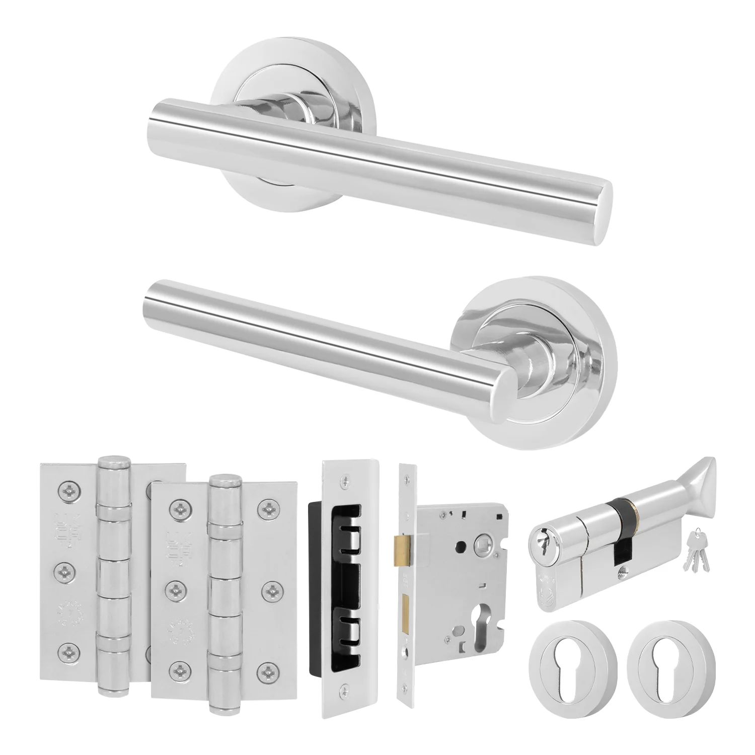 Olbia Polished Chrome Lever on Rose Door Handle Kit - 80mm Euro Sashlock and Thumbturn Cylinder - Keyed Alike