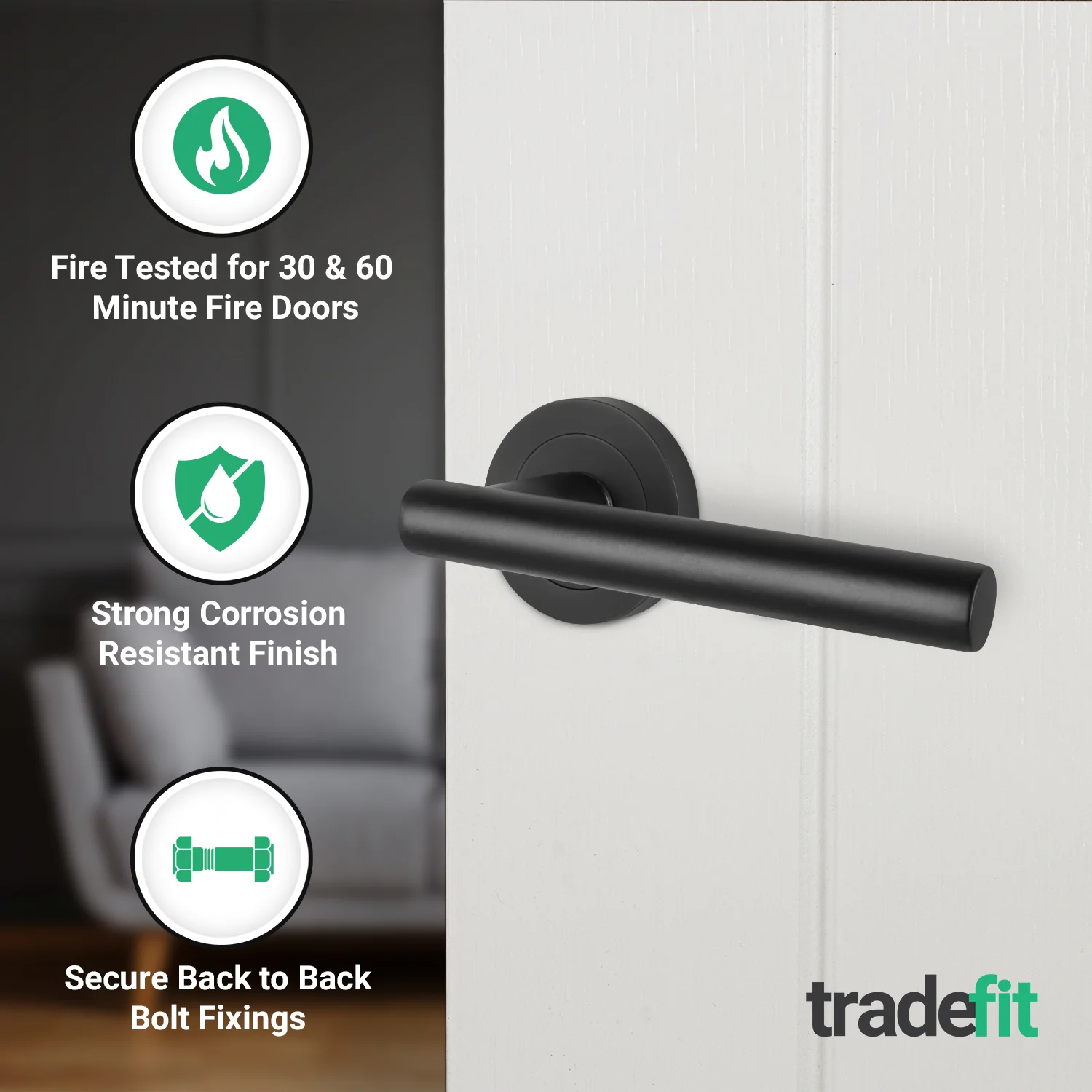 Olbia Matt Black Door Handles on Rose - Medium Duty FD30/60 Rated - Image 3