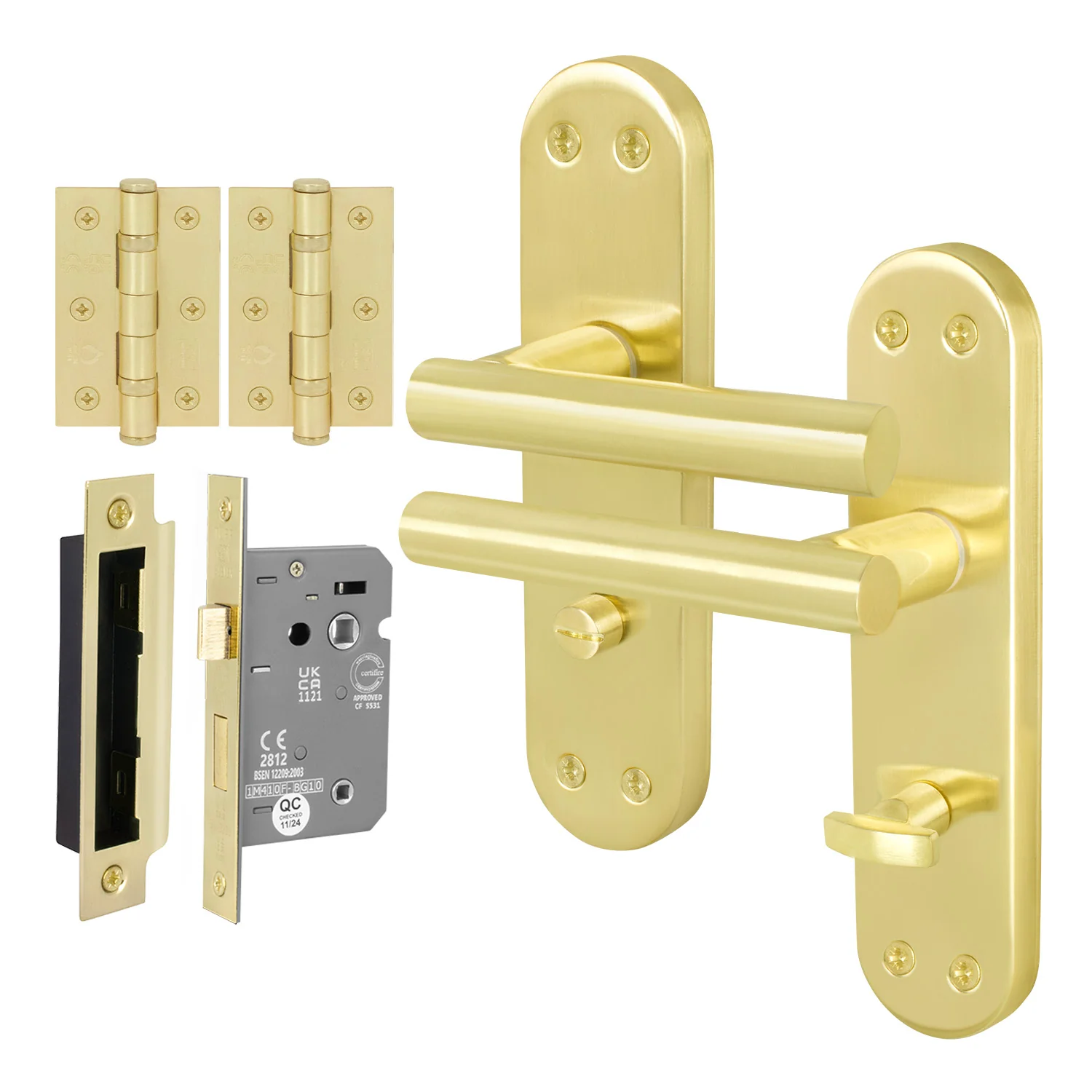 Olbia Satin Brass Lever on Backplate Door Handle Pack – 80mm Bathroom Lock