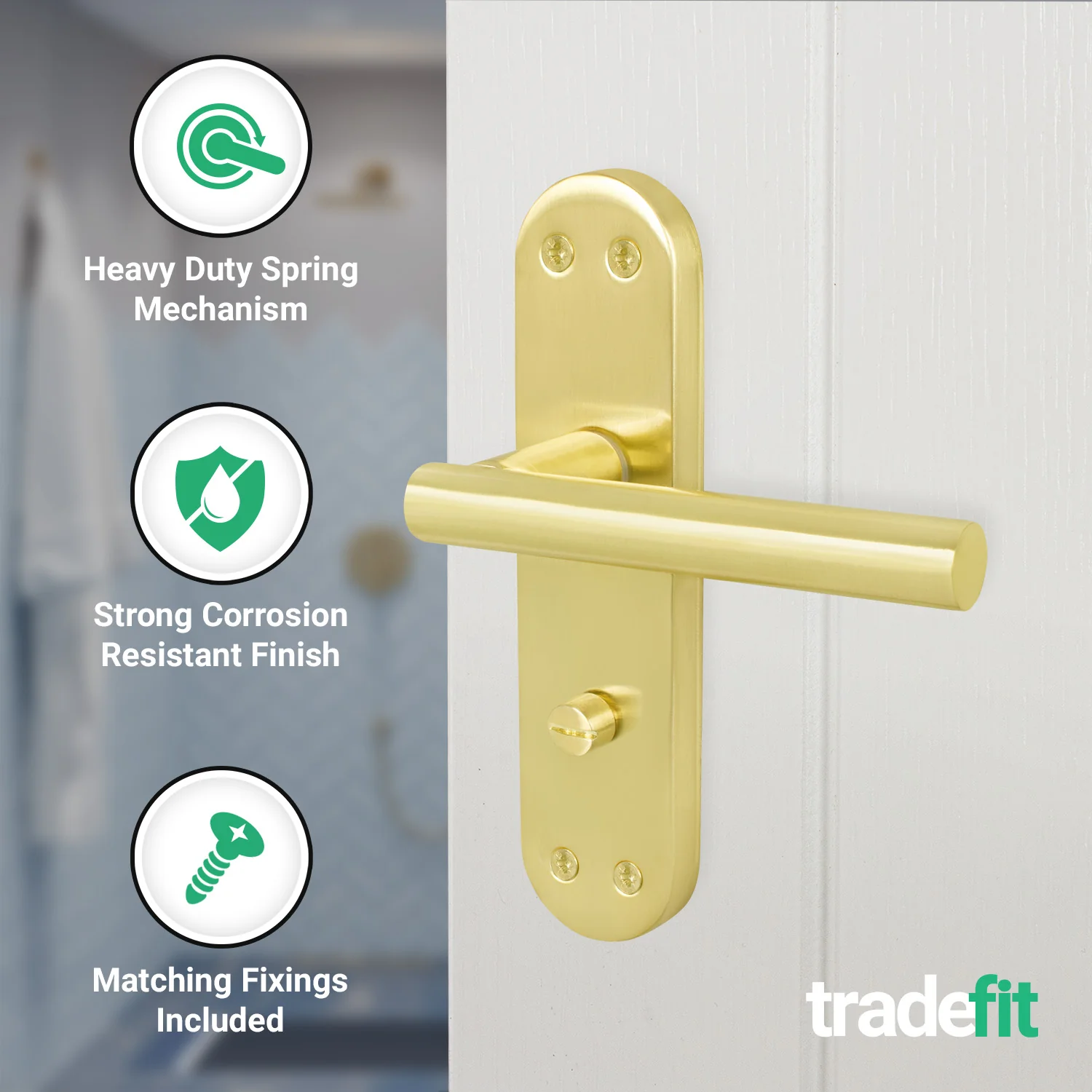 Olbia Satin Brass Lever on Backplate Door Handle Pack – 80mm Bathroom Lock - Image 4